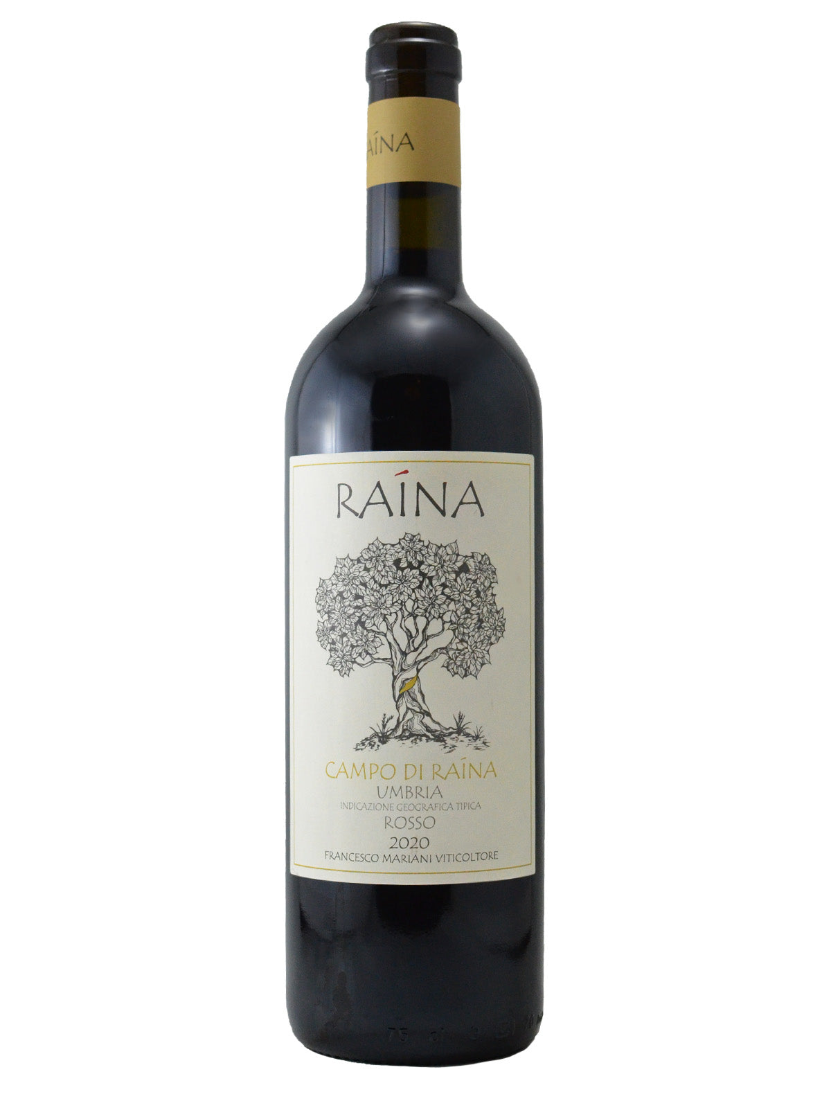 Red wine bottle - label reads 'RAINA / CAMPO DI RAINA / UMBRIA / ROSSO / 2020' and features an ink drawing of a tree. Black and tan enclosure/capsule. All set against white background.
