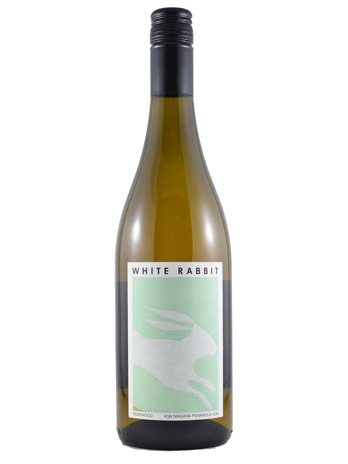 Rosewood White Rabbit wine bottle on a white background. Label is white and pale green with simple outline of a rabbit, wine name, maker, and 'VQA Niagara Peninsula'. Black screw cap enclosure. All set against white background.