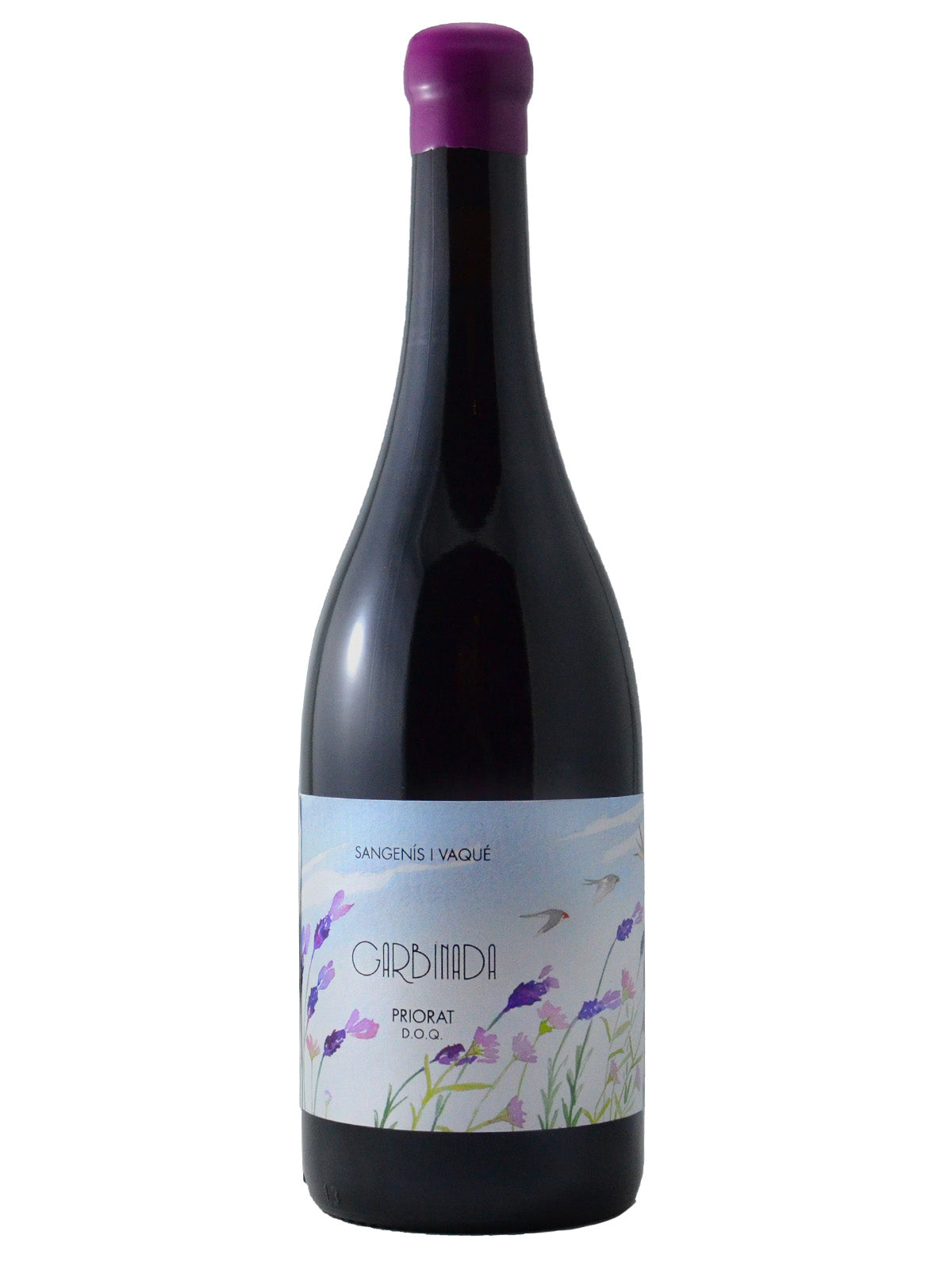 A bottle of Sangenís i Vaqué 'Garbinada' wine with a purple cap, featuring a label with a purple, pink and lavender floral scene and the basic wine information. Set against white background.