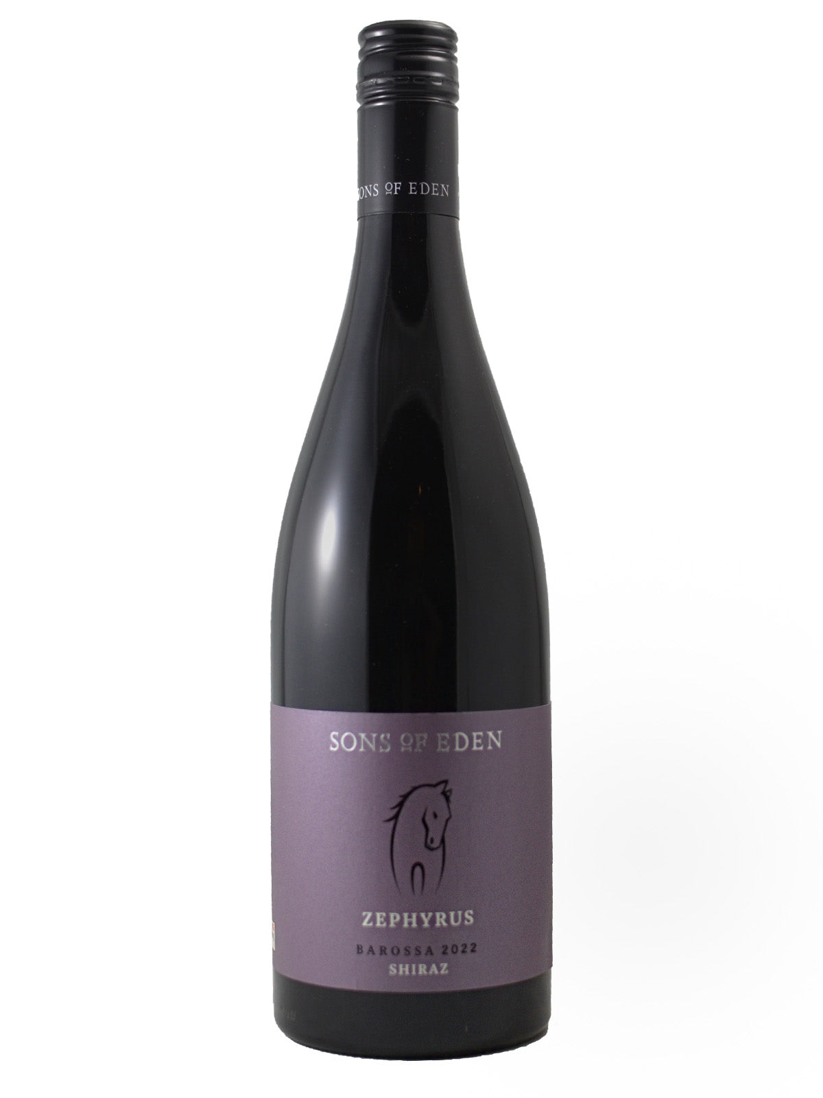 A bottle of Sons of Eden Zephyrus Shiraz red wine, featuring a dark glass bottle with a lavender-purple label and a black screw cap, set against a plain white background.