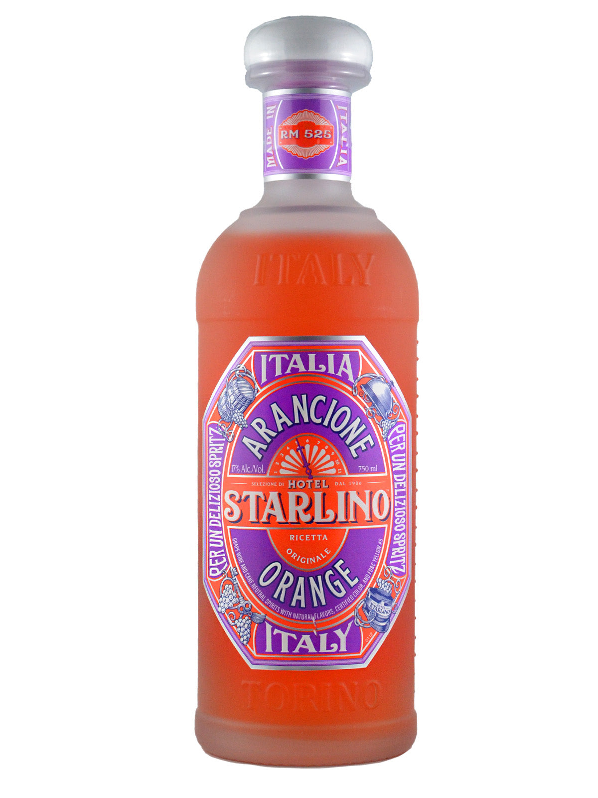 A bottle of Starlino Arancione Orange Aperitivo with a purple and orange label, indicating it is an Italian beverage made with orange peel and other herbs. Frosted glass with the world ITALY and TORINO raised on it. Silver enclosure. All against plain white background.