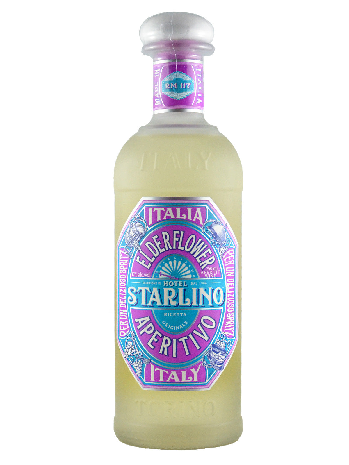 Bottle of (Hotel) Starlino Elderflower Aperitivo with light blue and purple label also featuring the words 'Italia' and 'Italy'. Bottle is translucent, showing the pale yellow colour of the liquid inside. Silver coloured cap. All set against plain white background.
