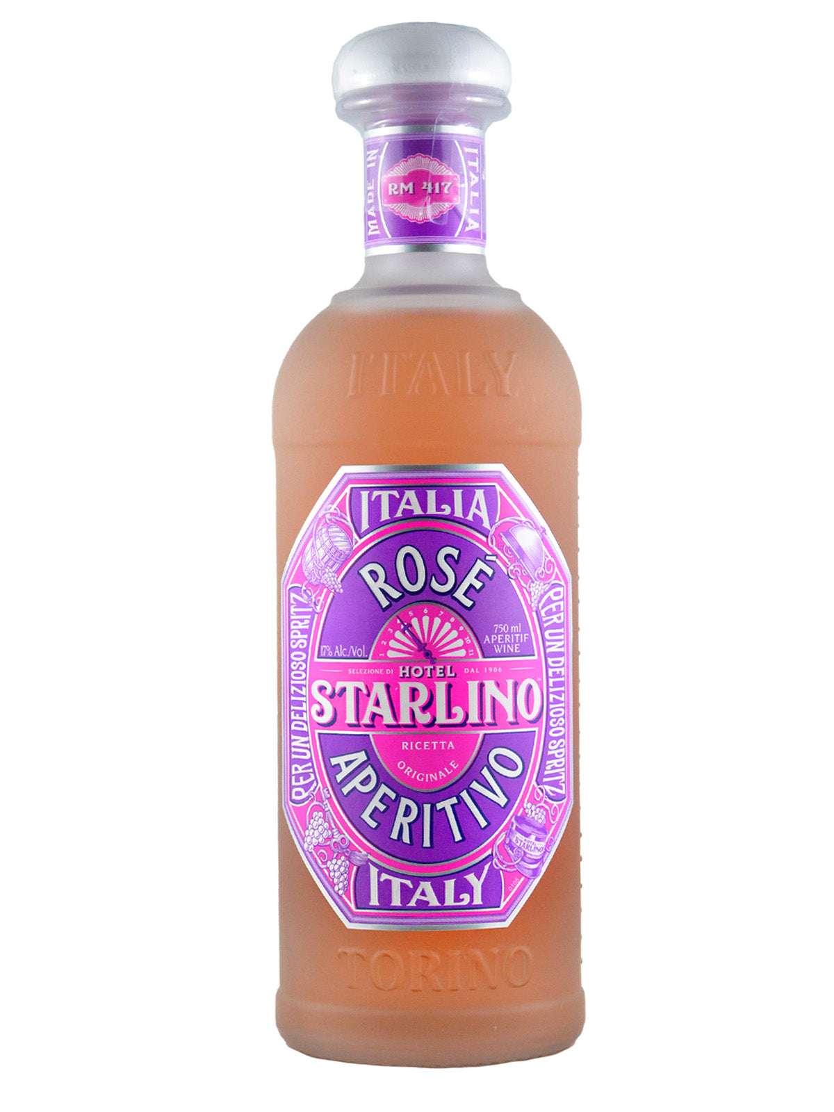 Stylish bottle of Hotel Starlino Rose Aperitivo with frosted glass and a pink and purple label. 'Italy' and 'Torino' appear in raised letters directly off the glass. Silver enclosure on the top. All set against a white background.