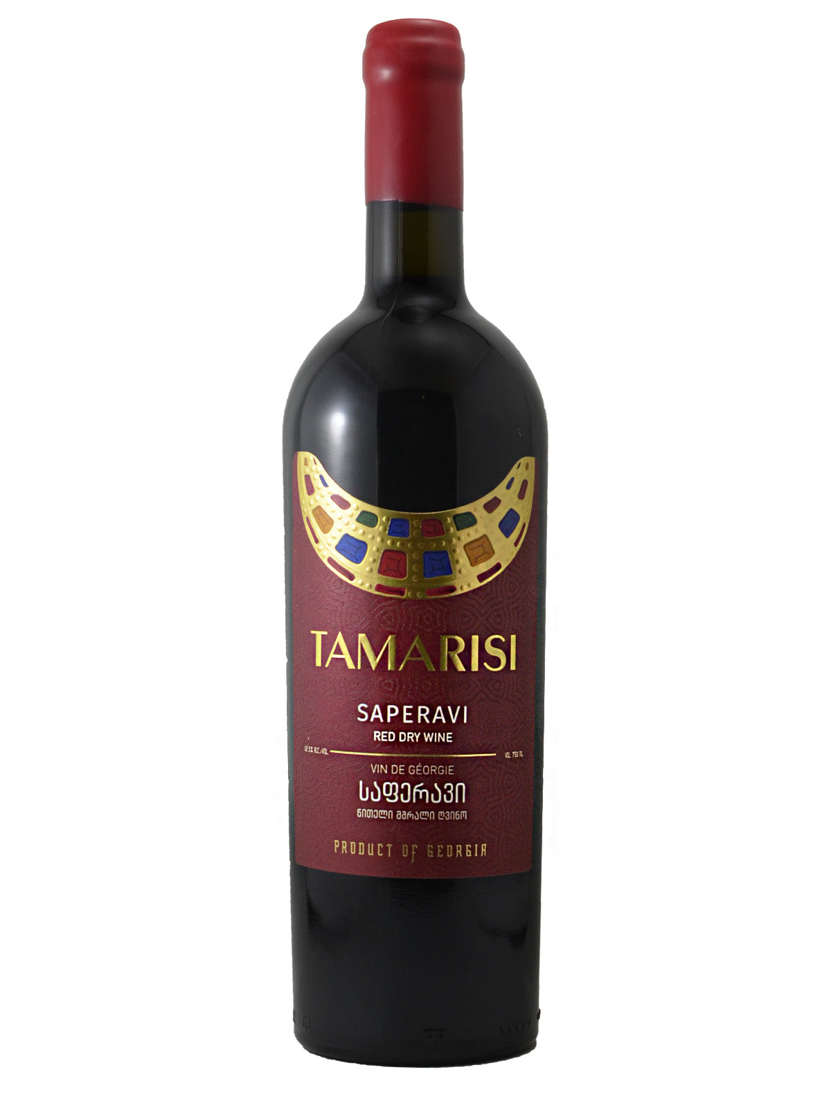 Wine bottle with dark red Tamarisi label reading 'Saperavi Red Dry Wine Product Of Georgia' all against a white background