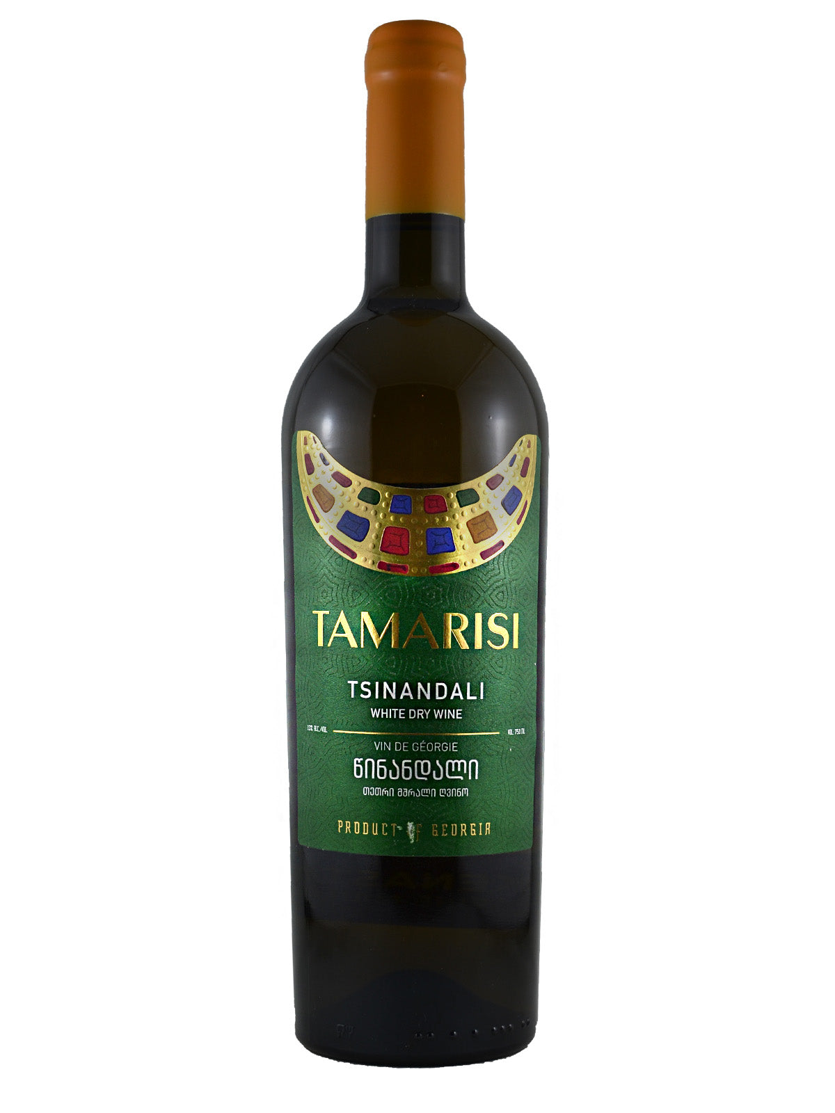 Wine bottle with green label featuring 'Tamarisi' branding on a white background