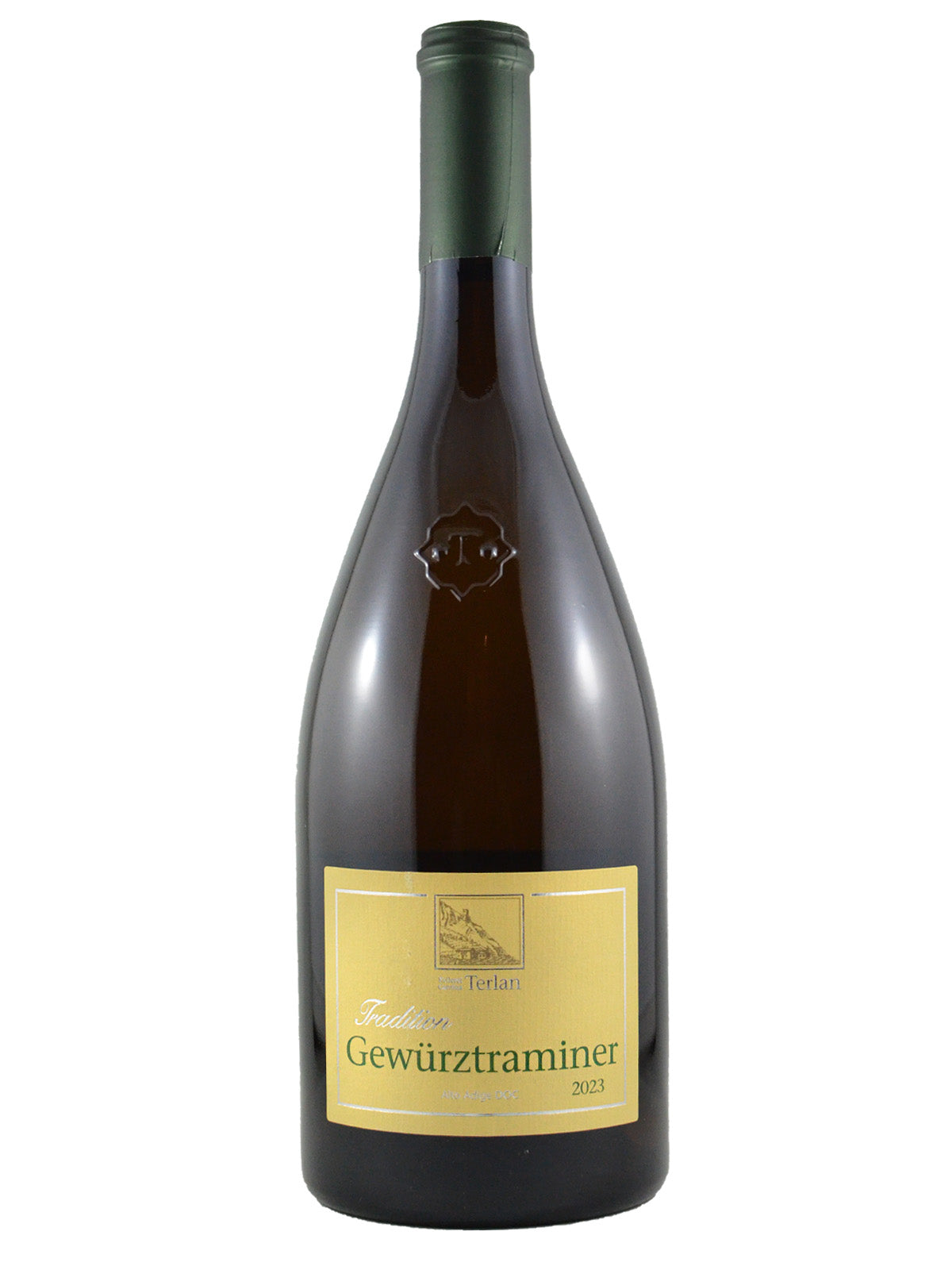 A bottle of Terlan Gewurztraminer wine with a label displaying the brand and variety and vintage (2023). Dark green capsule. All set against white background.