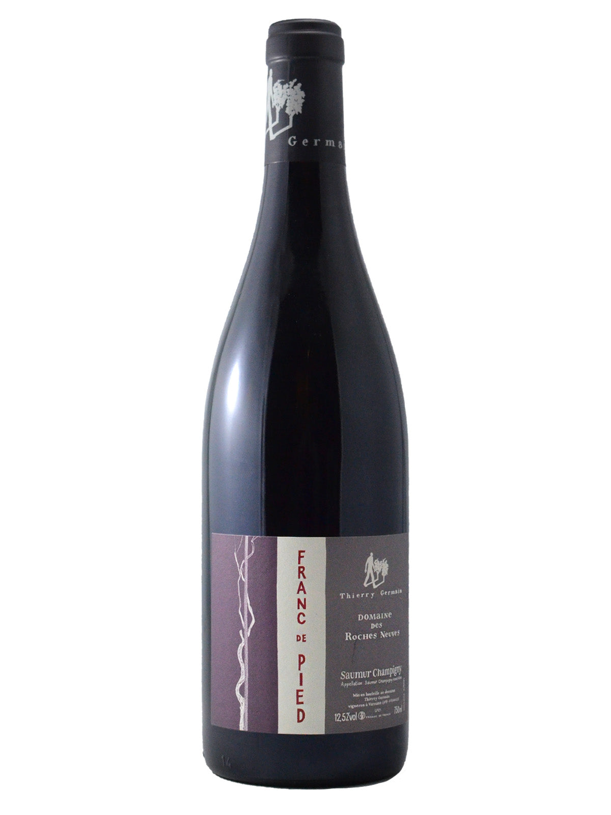 Bottle of Thierry Germain Saumur-Champigny 'Franc de Pied' Cabernet Franc wine with a dark label and purple highlights. The winemaker name is in red vertical text on white in the centre of the label. Dark enclosure with white details. Bottle set against a plain white background.