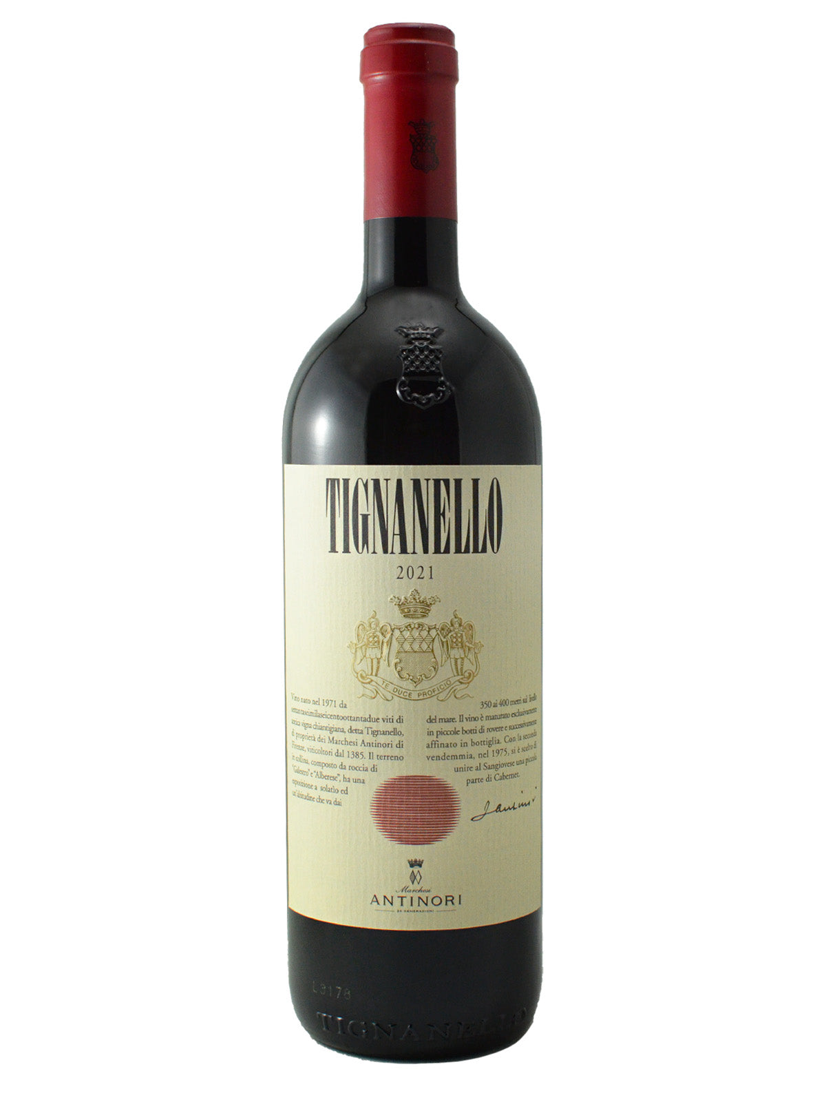 A bottle of Marchesi Antinori Tignanello 2021 wine with a label that includes the product name and the year, with the bottle set against a plain white background.