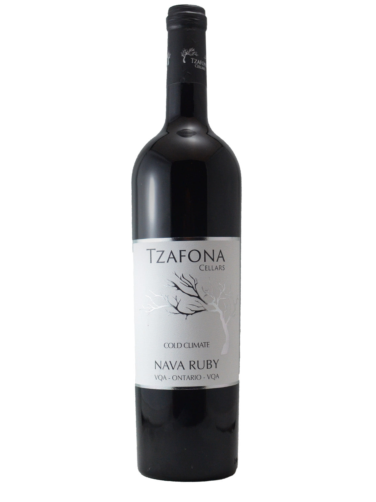 A bottle of Tzafona Cellars 'Nava Ruby' Red with a white label featuring the producer's name, grape variety, and an illustration of a tree.