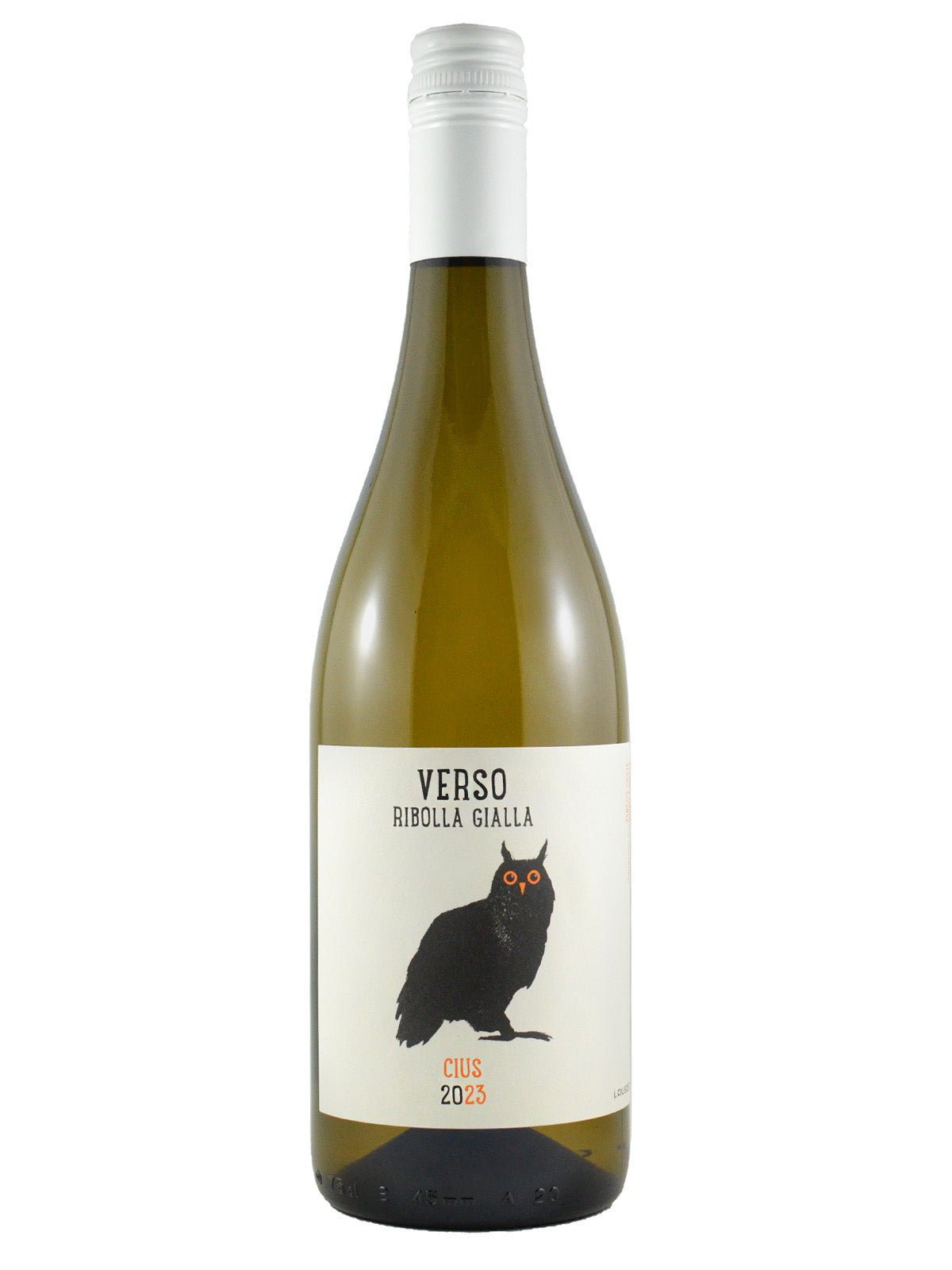 A bottle of Verso 'Cius' Ribolla Gialla 2023 wine with a white label and a black owl illustration. White screwcap enclosure. Set against white background.