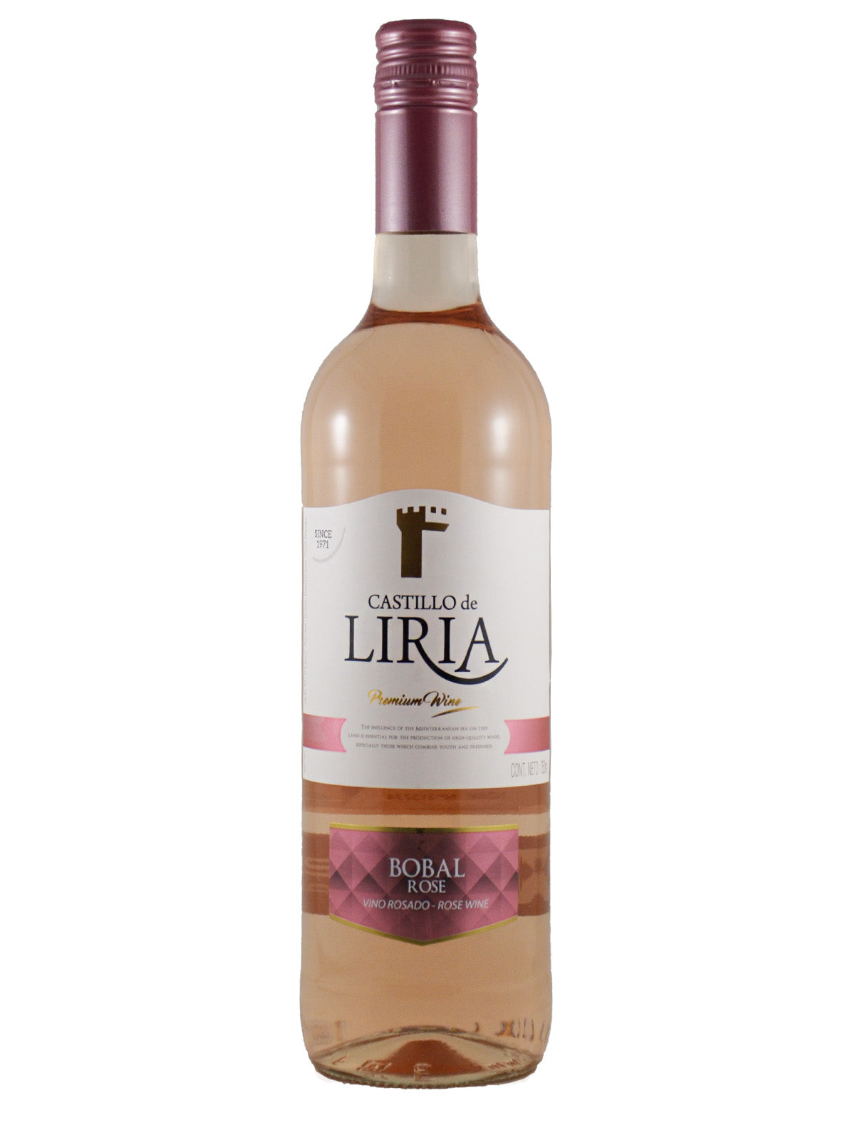 A bottle of Castillo de Liria Bobal rosé wine with a white label and a dark pinkish-purple capsule, shown on a plain white background.