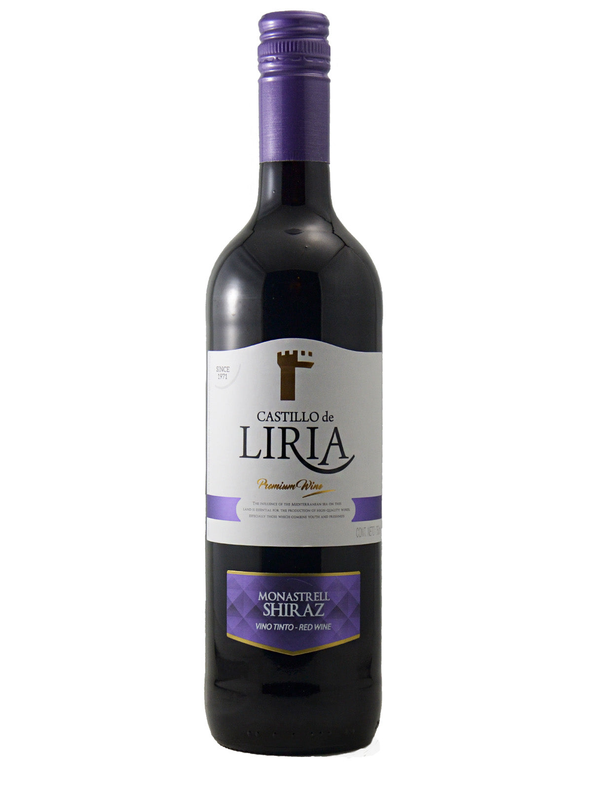 A bottle of Castillo de Liria Monasterio Shiraz red wine, featuring a dark glass bottle with a purple screw cap and a white label with purple and gold accents.