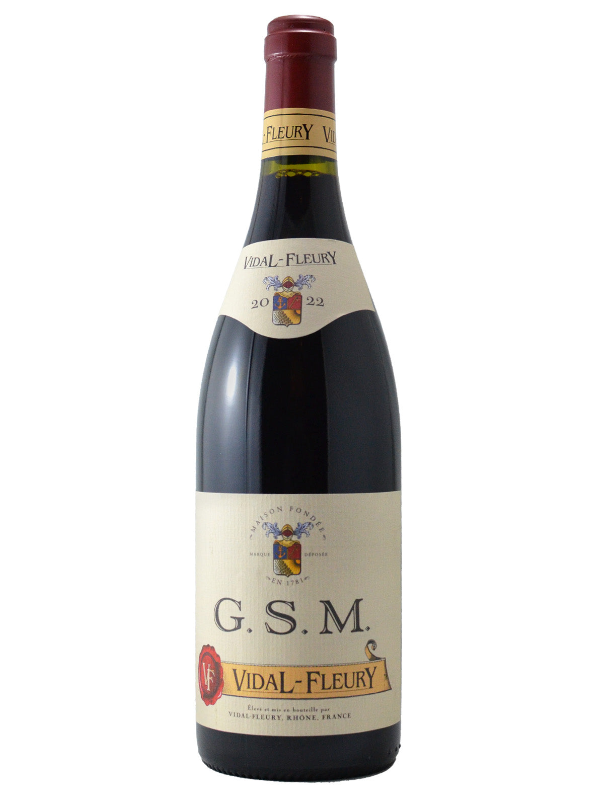 Bottle of Vidal-Fleury GSM Red Blend wine with labeling that includes the brand name, variety, and other details, set against a plain background.