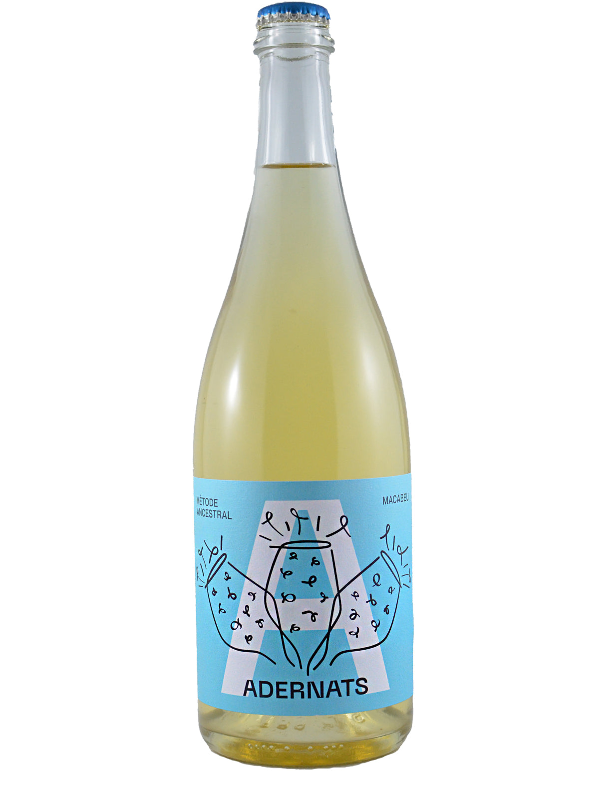 Bottle of Adrenals Macabeu white wine with a blue label featuring a logo and text on a white background