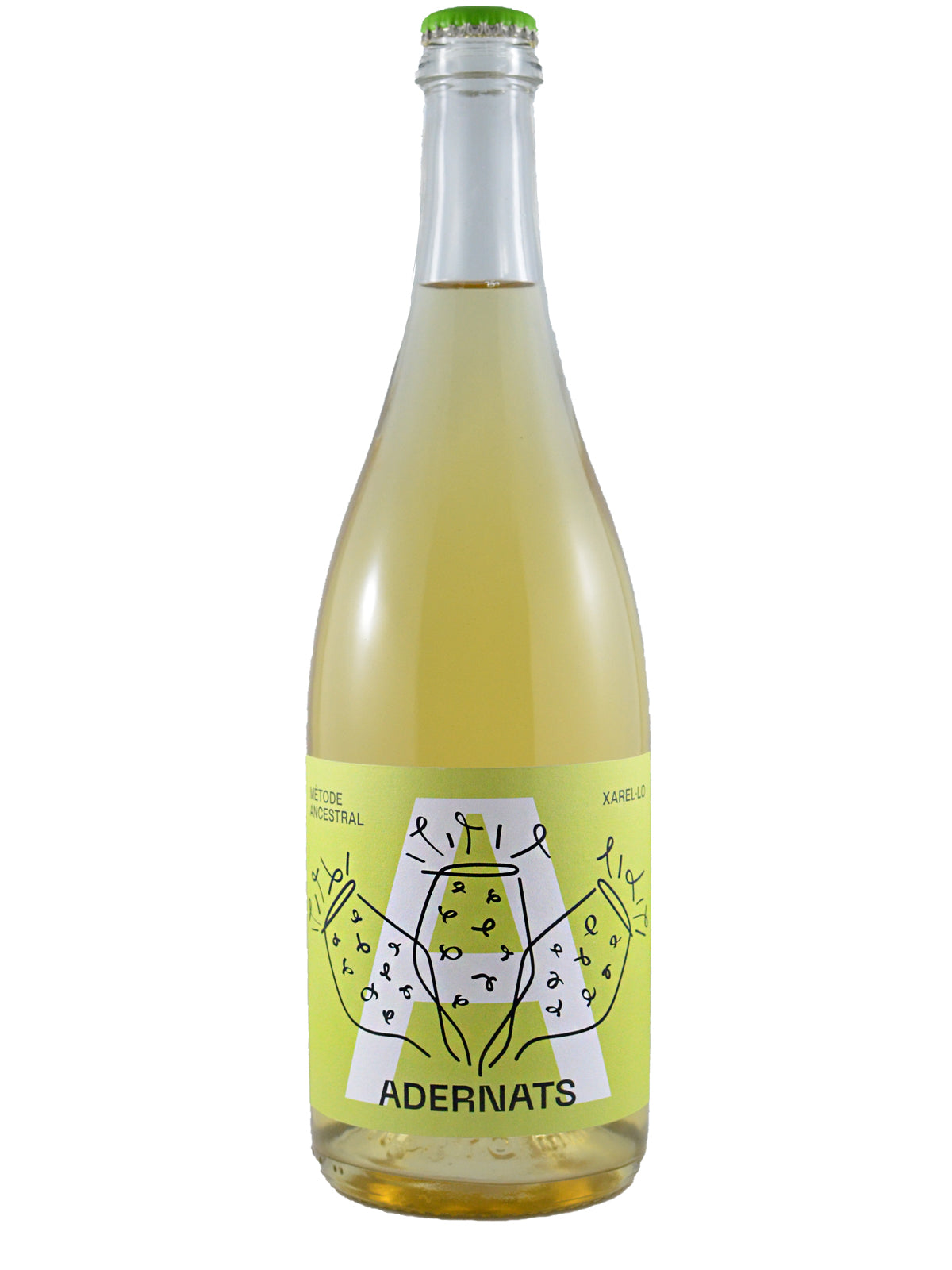 Bottle of Adernats xarel-lo wine with a green label on a white background
