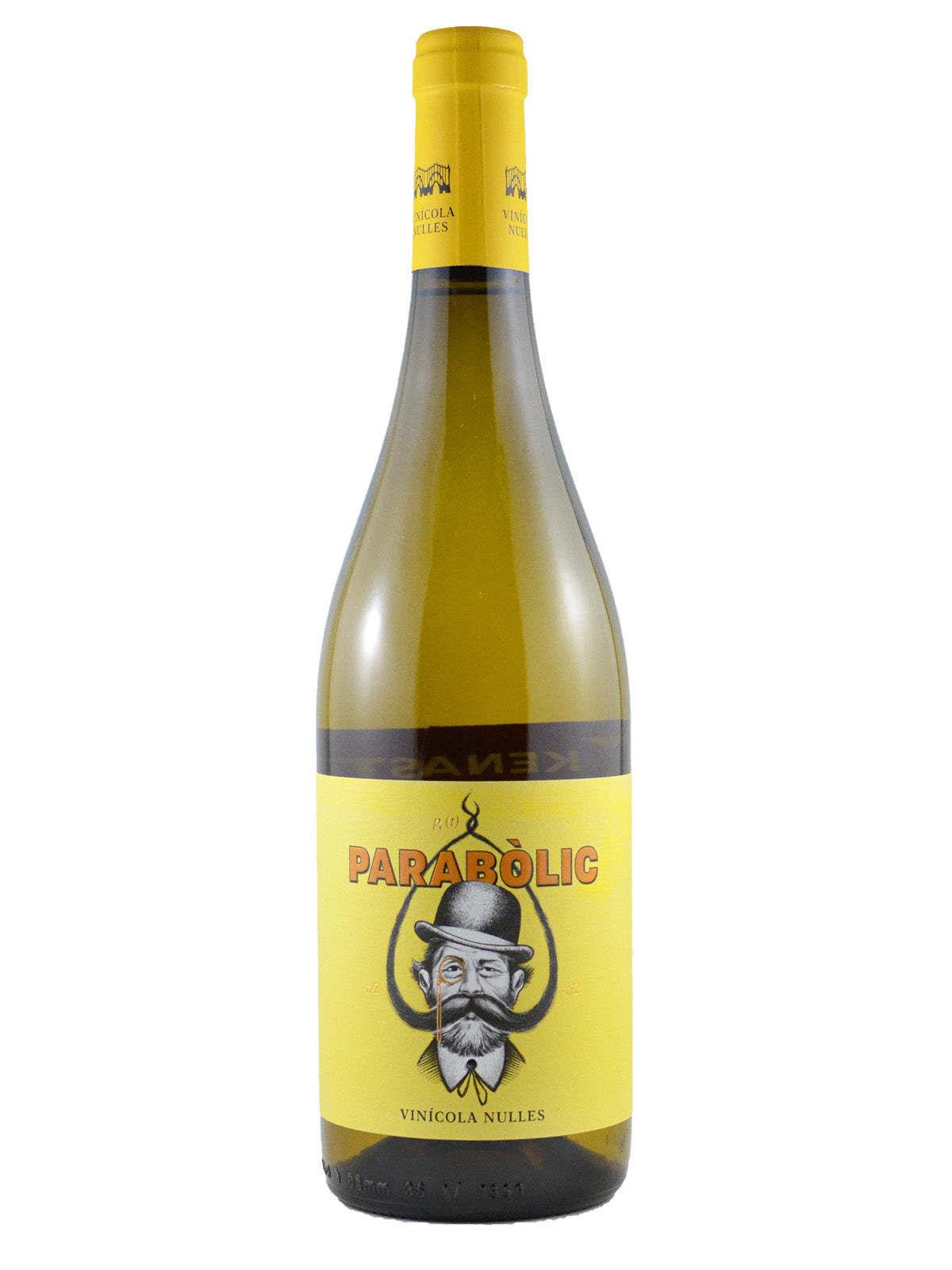 "Parabolic" white wine bottle with yellow label featuring a logo and text on a white background