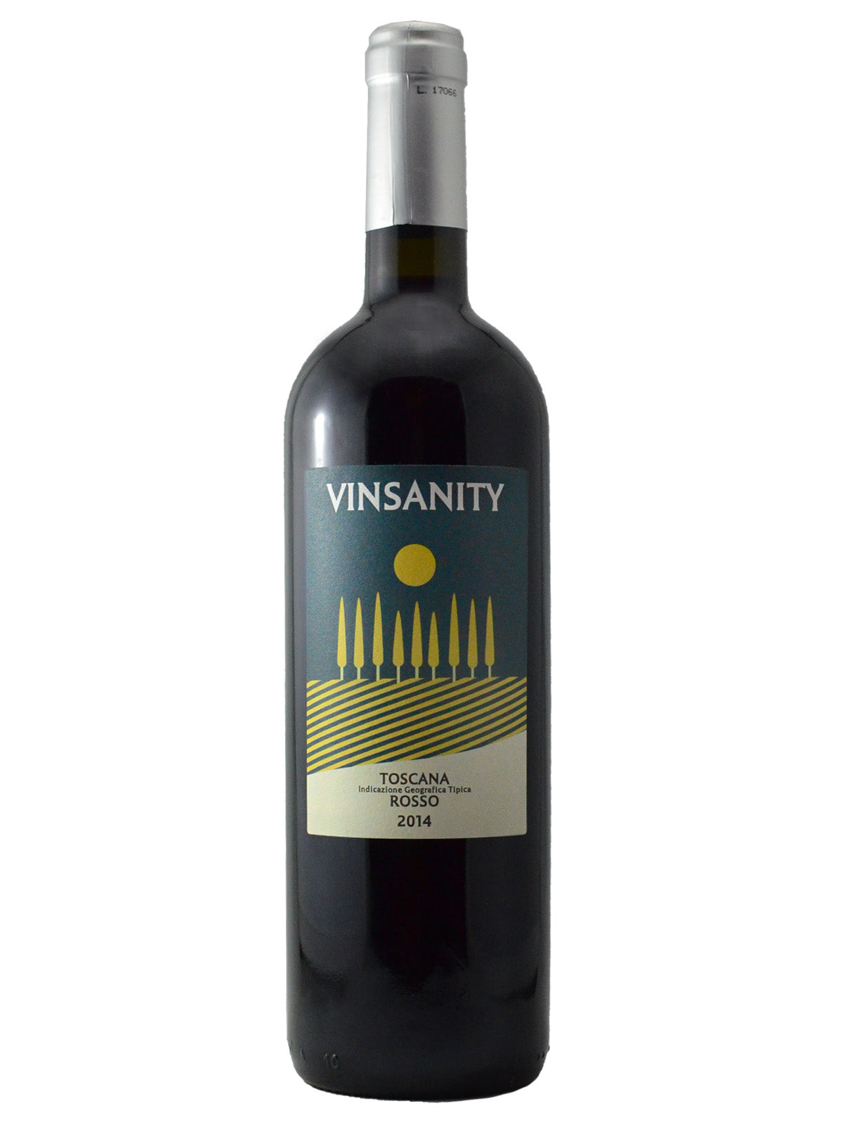 Wine bottle with 'Vinsanity' label on a white background