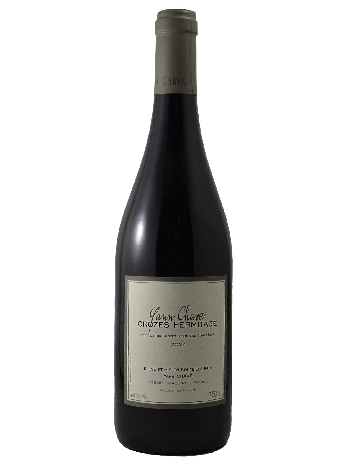 A bottle of Yann Chave Crozes Hermitage 2014 red wine, featuring a dark glass bottle with a silver-gray foil capsule and a cream-colored label. Set against a white background.