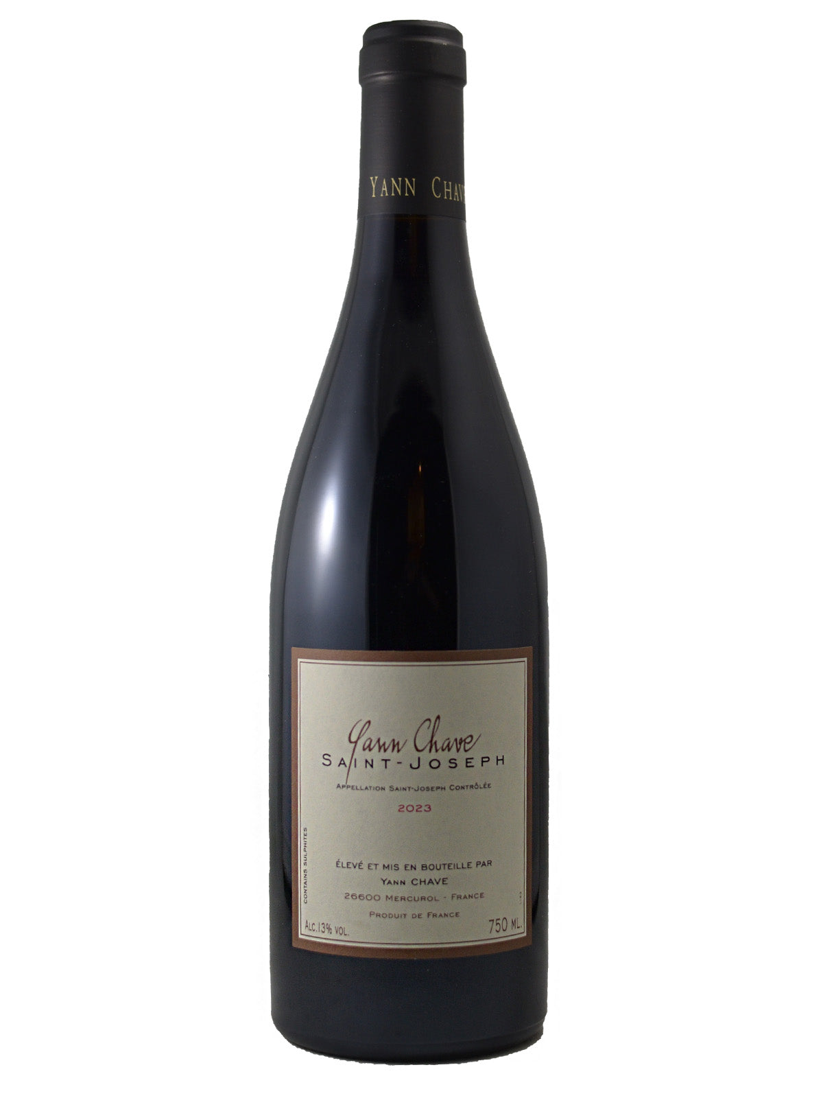 A bottle of Yann Chave Saint-Joseph red wine, featuring a dark glass bottle with a beige label and black capsule, set against a plain white background.