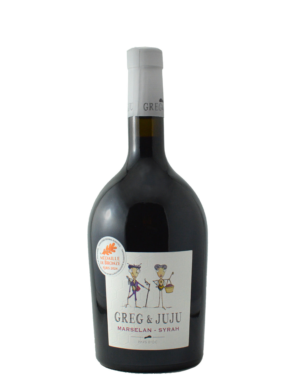 Greg & Juju Marselan - Syrah blend red wine bottle with white label, 2 character cartoon design, white enclosure top, on white background. Bottle also has Bronze Medal award sticker from a recent wine fair.