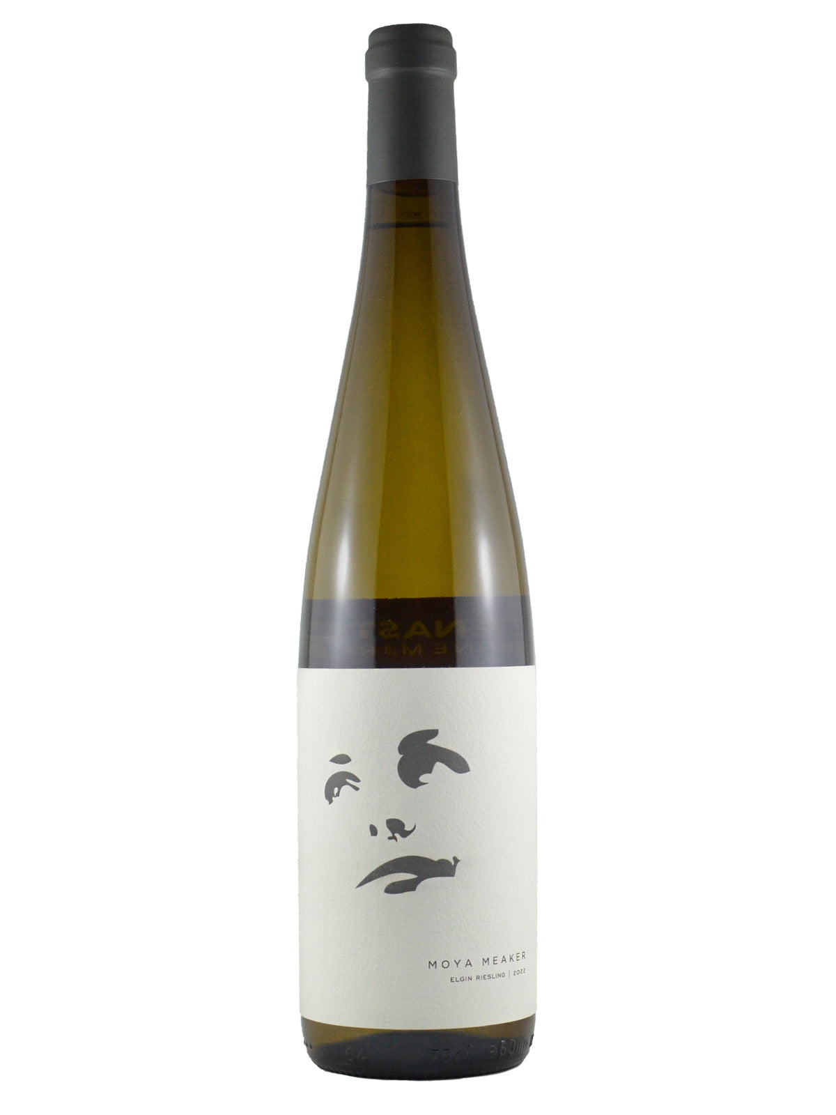 Bottle of Moya Meaker Riesling wine with a white label featuring a stylised ink face. all set against a white background.