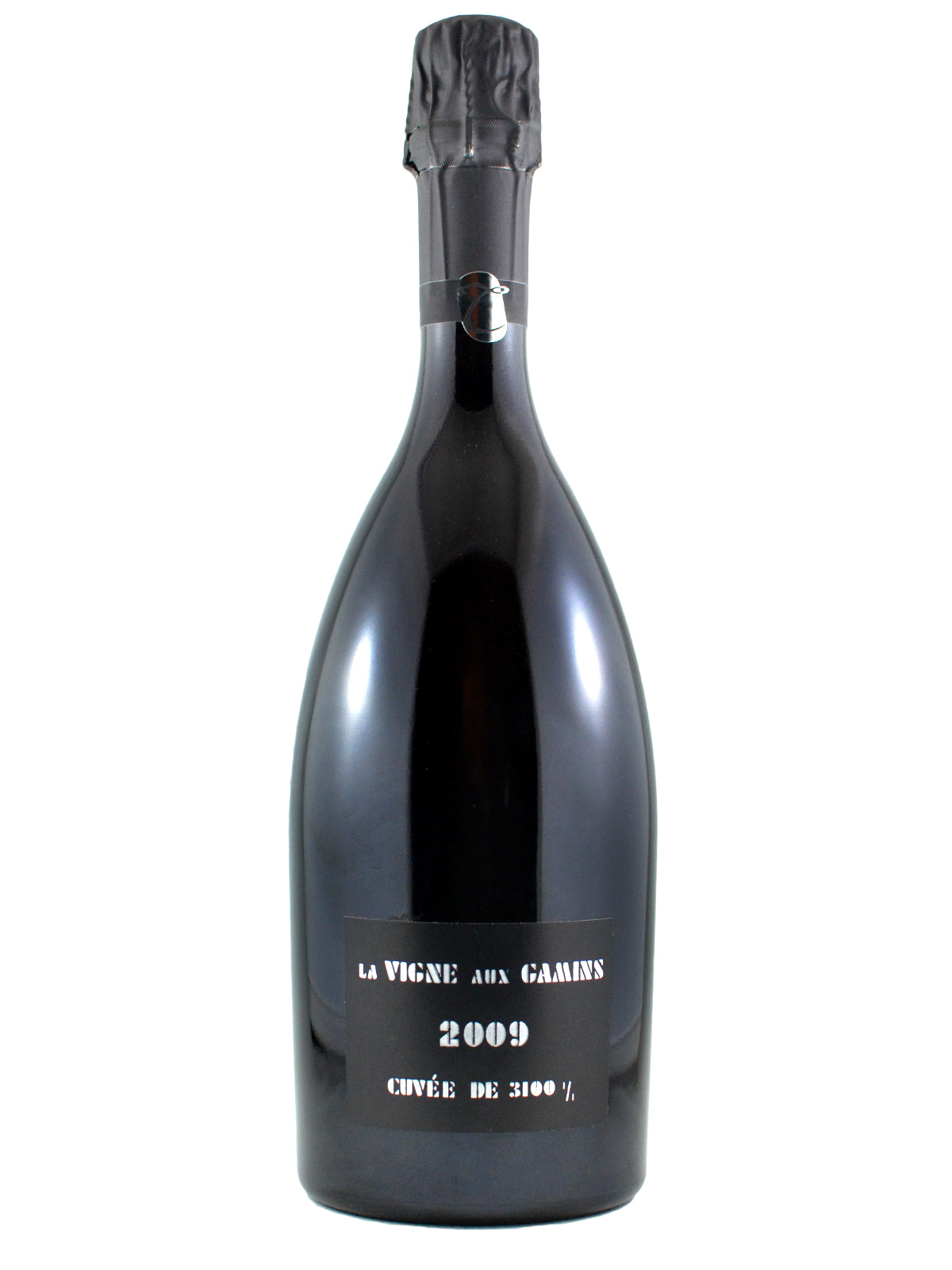 A bottle of Alain Thienot La Vigne Aux Gamins Champagne, black label with block white text, vintage 2009. Black foil Champagne cork enclosure.