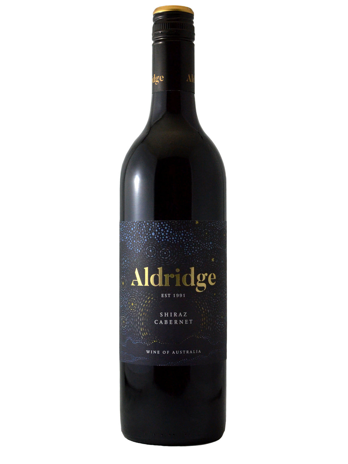 A bottle of Aldridge Shiraz Cabernet wine with a dark label and a golden-topped black screwcap. Set against plain white background.