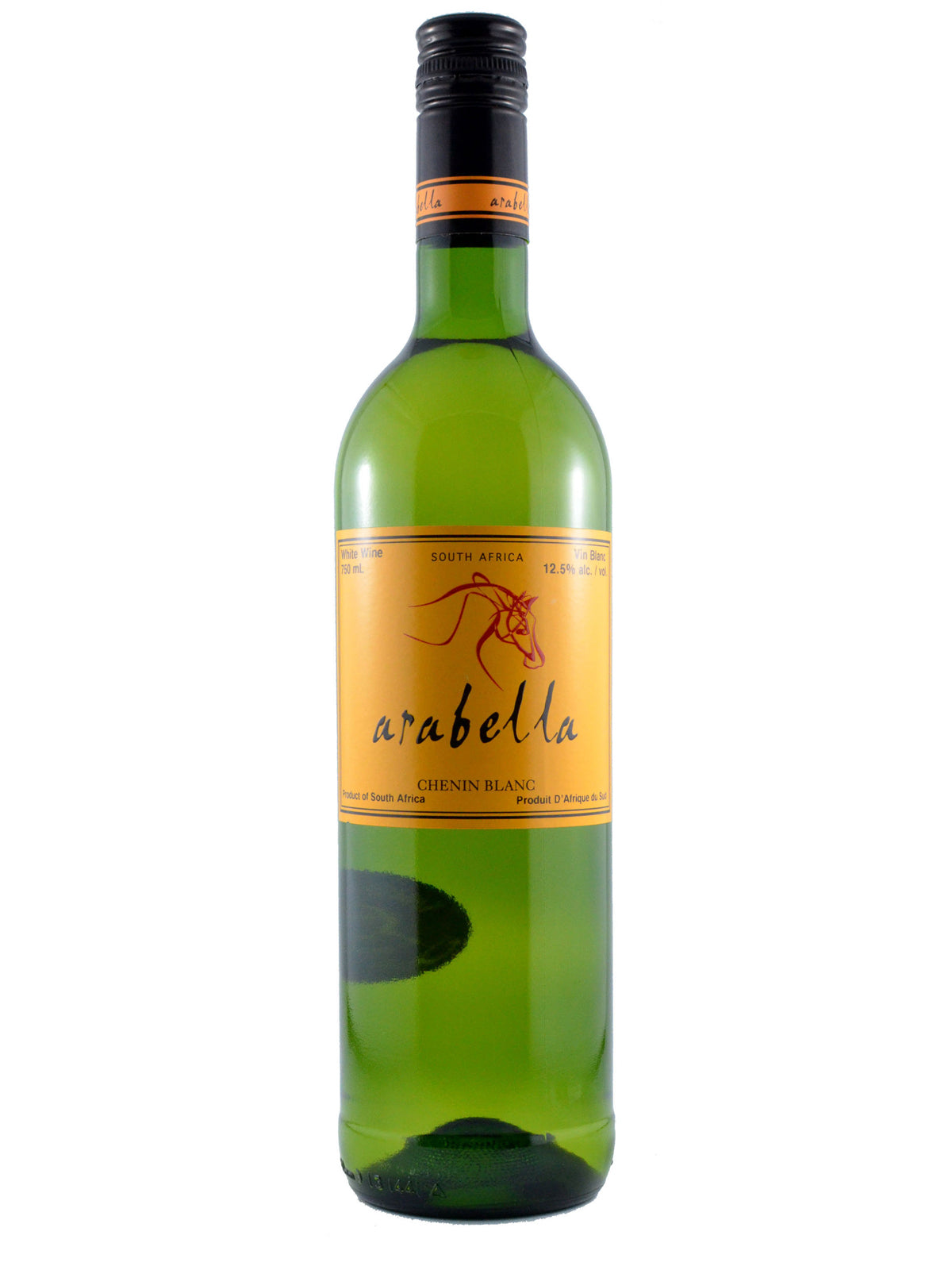 Bottle of Arabella wine with an orange label with a drawing of a horse's head. green glass, black enclosure with orange stripe around, all set against white background.