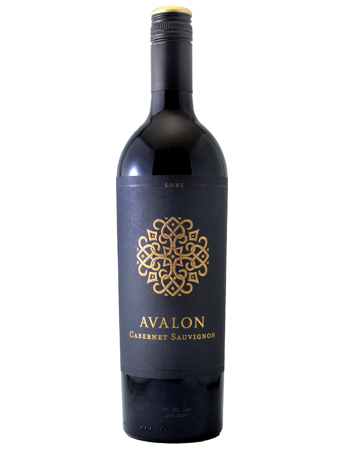 A bottle of Avalon Cabernet Sauvignon with a black label featuring a gold geometric pattern and the text 'AVALON CABERNET SAUVIGNON.'.