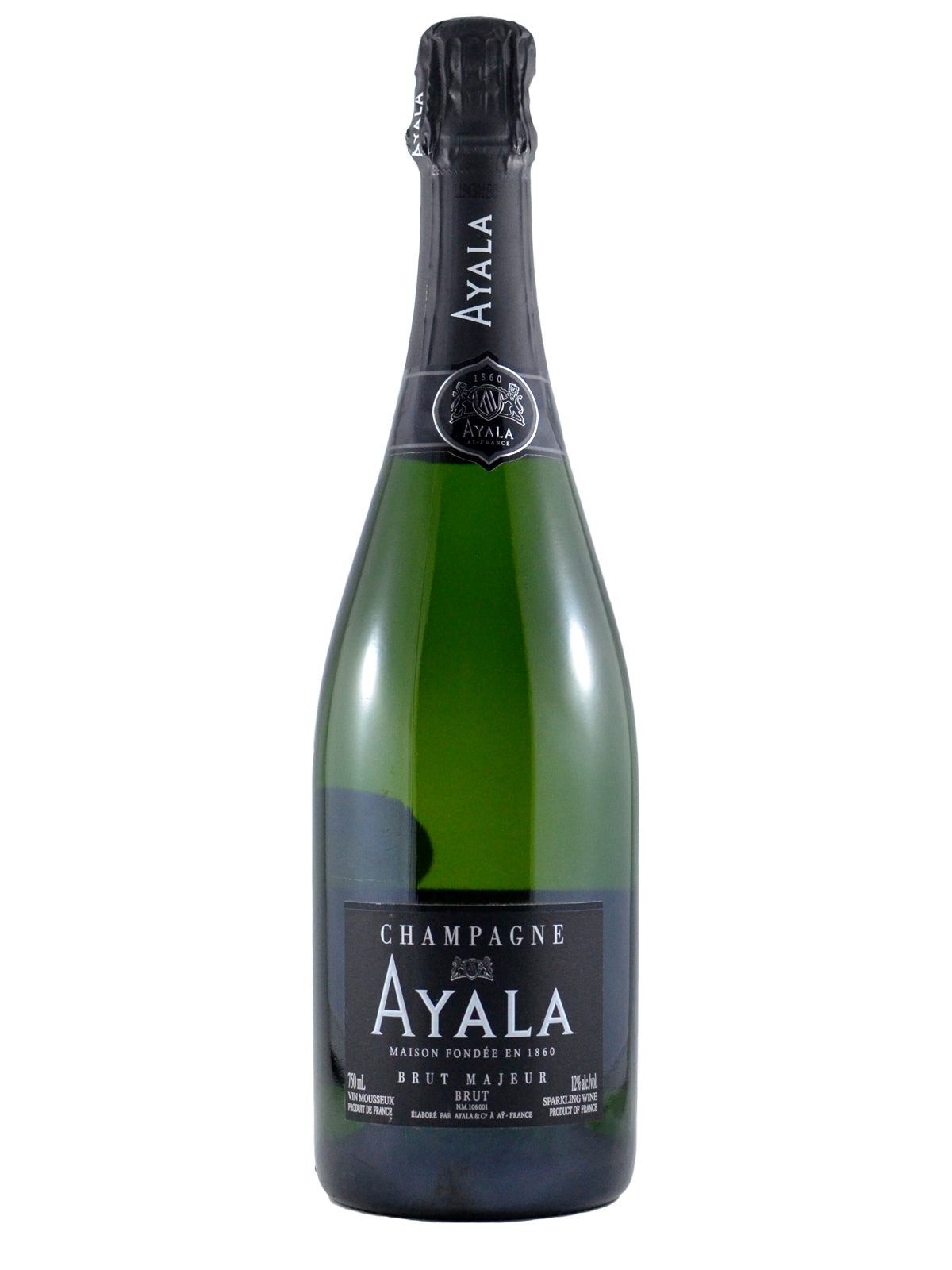 A bottle of Champagne - Ayala Brut Major NV. Black label and capsule with silver capital letter text. Green glass. All set against white background.