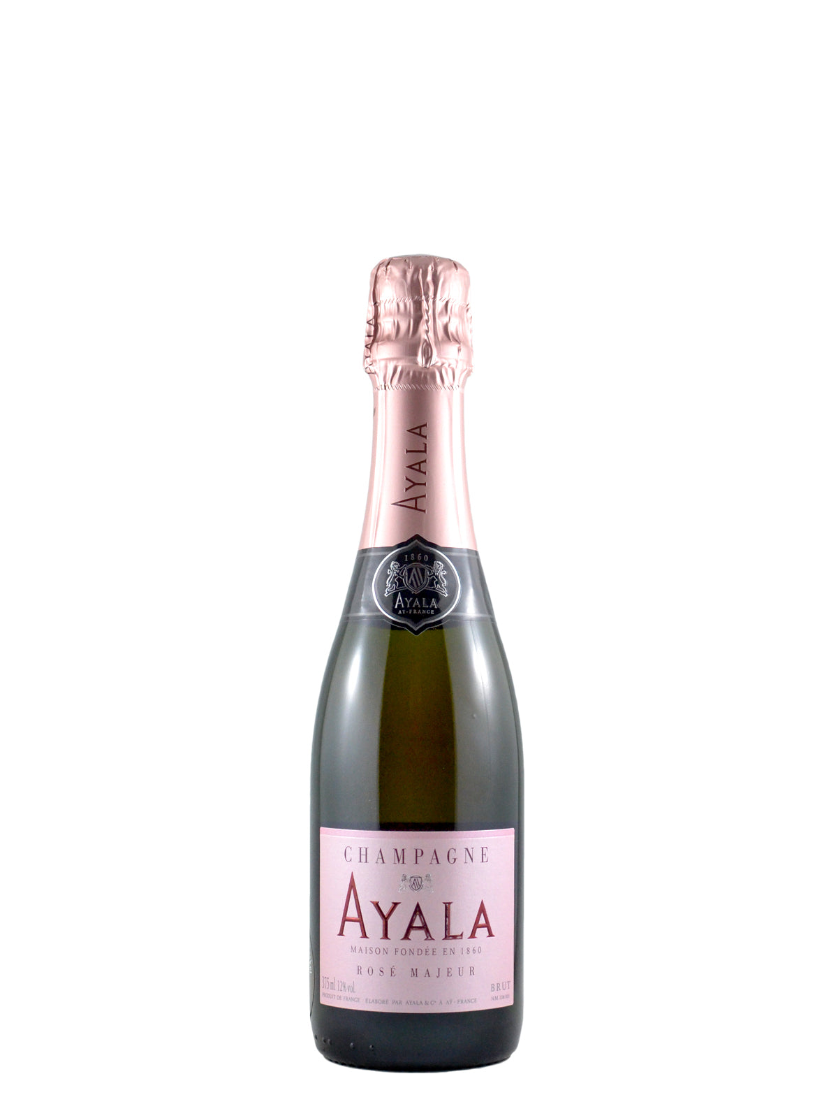 A bottle of Ayala Champagne Rosé Majeur with a pink label and foil cover. Set against all white background.