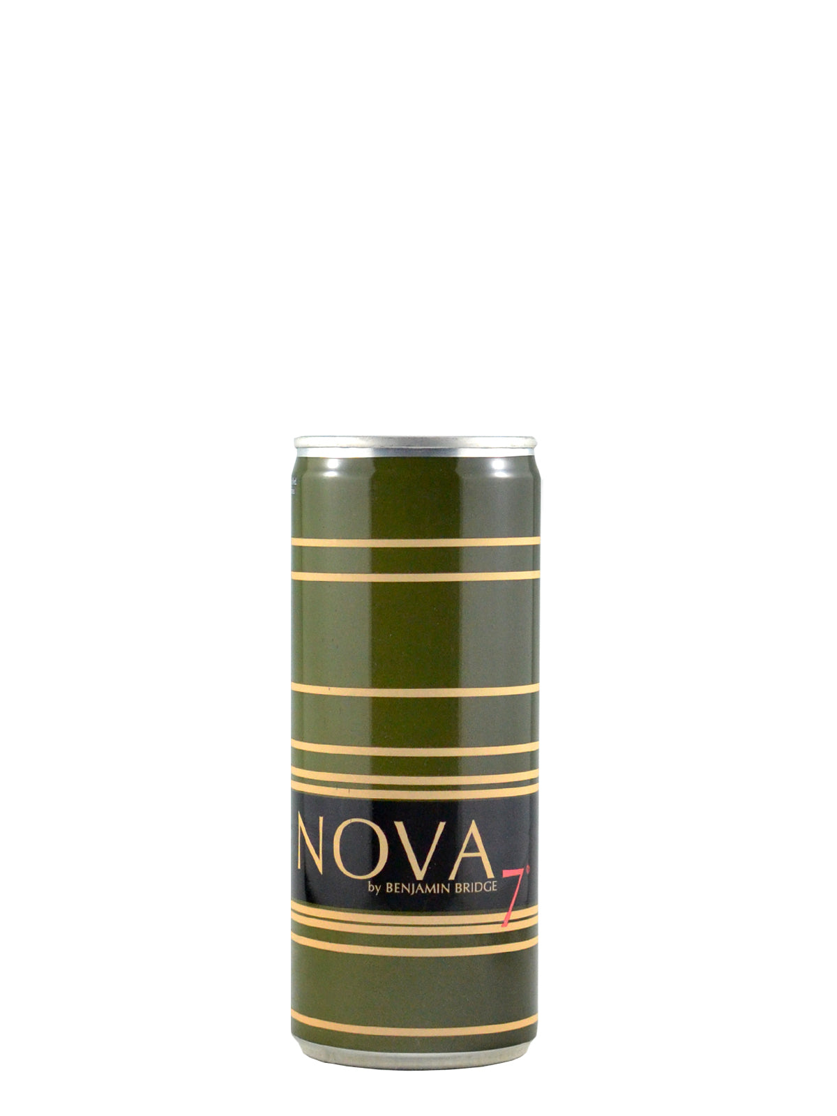 250ml can of Nova 7 by Benjamin Bridge lightly sparkling wine. Green aluminum with yellow stripes. All set against white background.