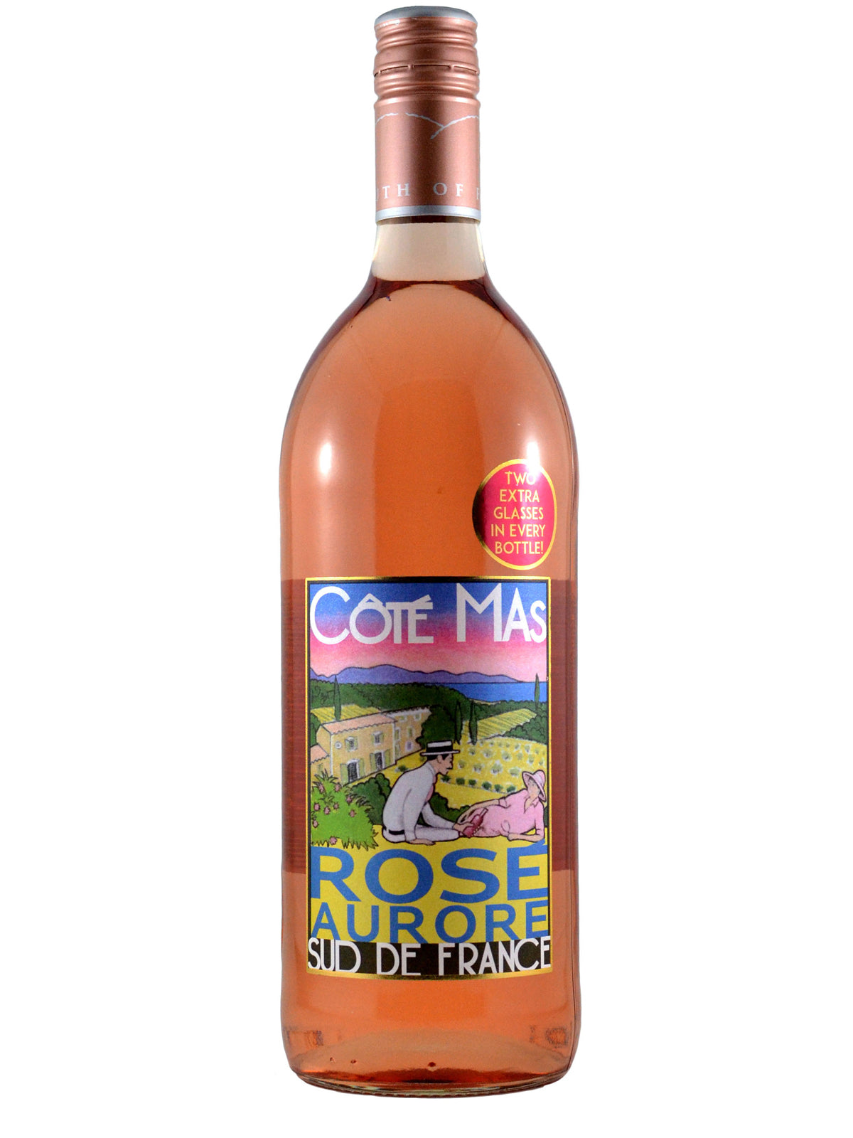 1L size bottle of Cote Mas Aurore Rose wine, with pink coloured wine visible through clear glass. Rose metallic coloured enclosure. Artwork on label depicts two people chilling in a vineyard in simple colours/drawing. Also reads 'Sud de France'. A sticker above the main label says 'two extra glasses in every bottle!'. All set against plain white background.