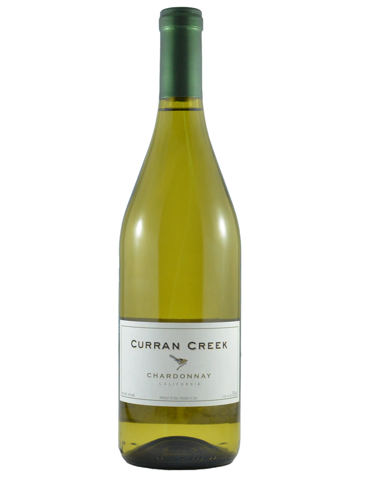 A bottle of Curran Creek Chardonnay white wine with a green enclosure and a visible white label wrap reading CURRAN CREEK CHARDONNAY CALIFORNIA. All on white background.