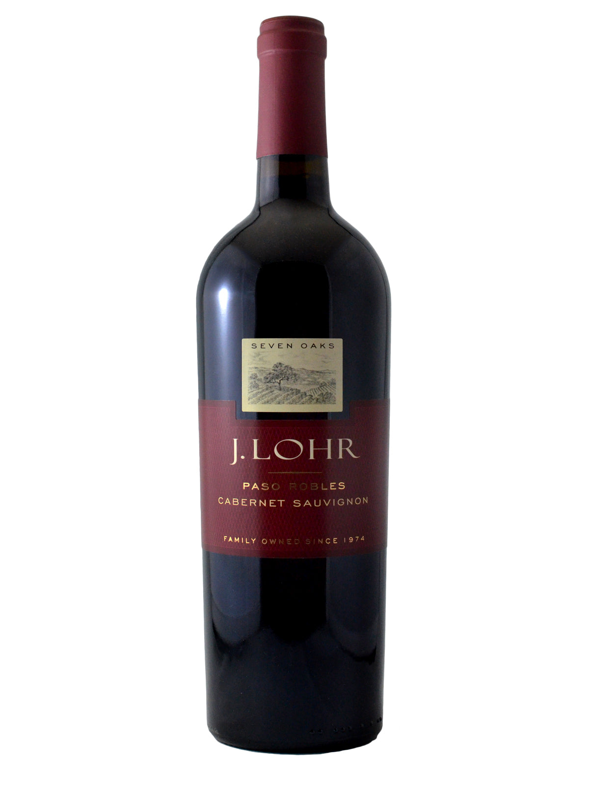 A bottle of J. Lohr Seven Oaks Cabernet Sauvignon wine with a red label.