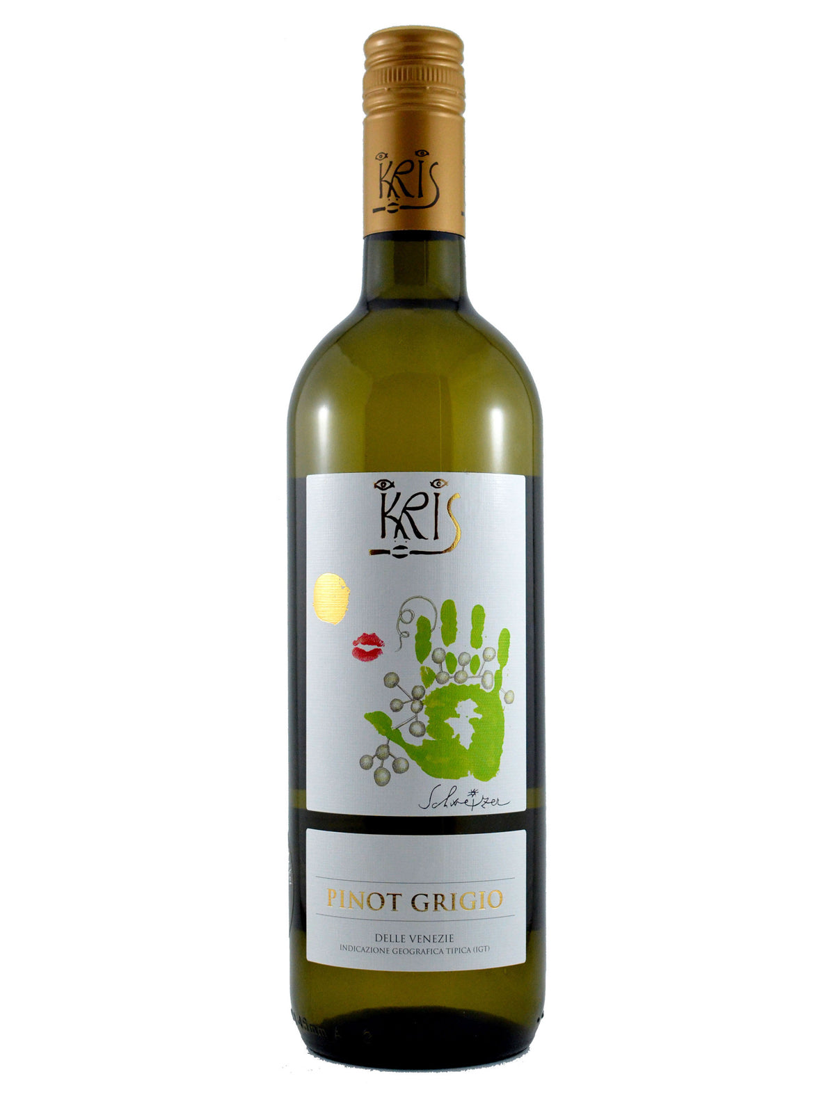 A bottle of Kris Pinot Grigio wine with a label featuring a green handprint, red lip print and a yellow sun. Mustard-metallic coloured screw cap enclosure. All set against a plain background.