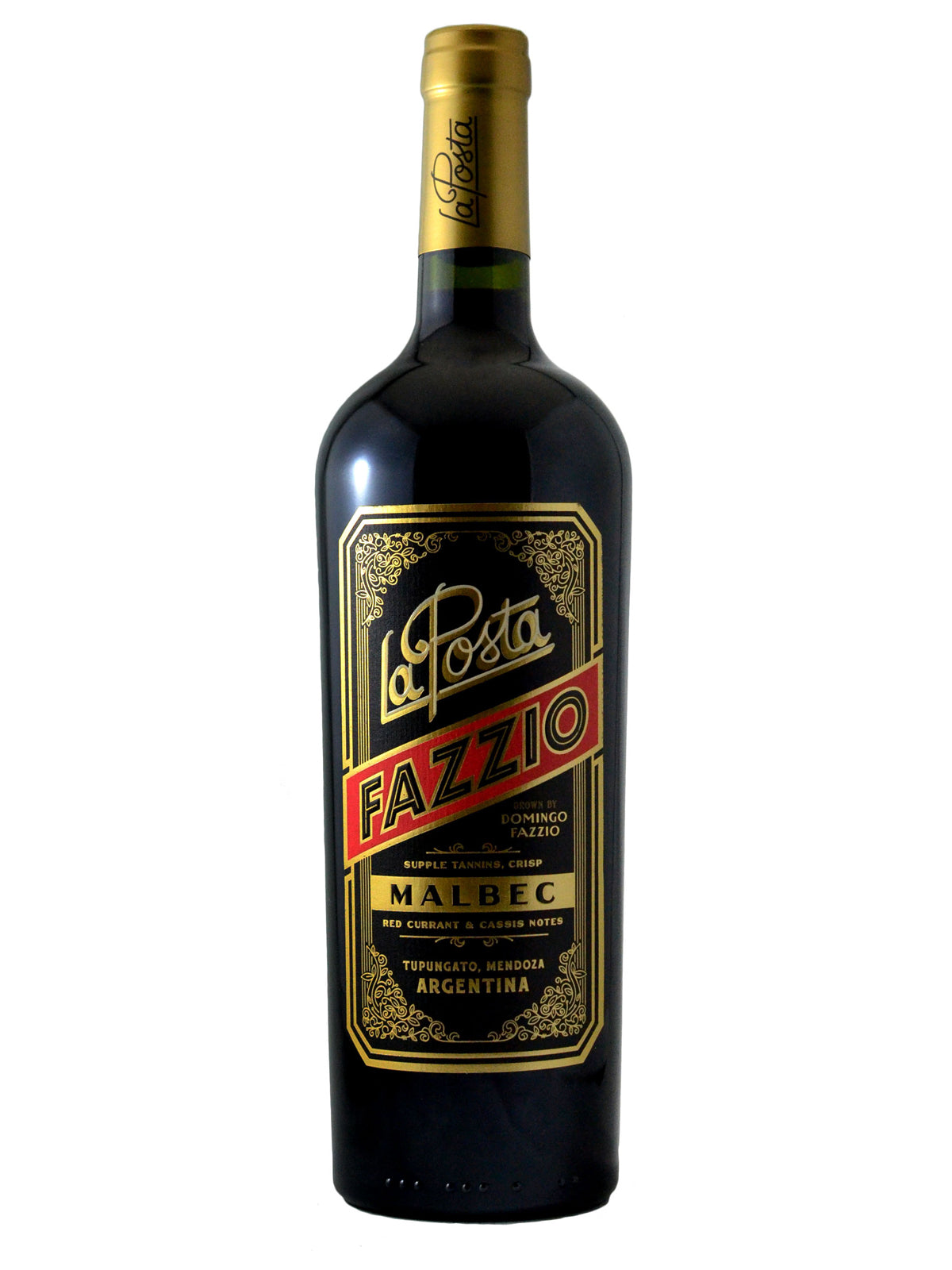 A bottle of La Posta Fazzio Malbec wine with a label that includes the brand name and variety in gold and red against black, all set against a plain background. Gold enclosure.