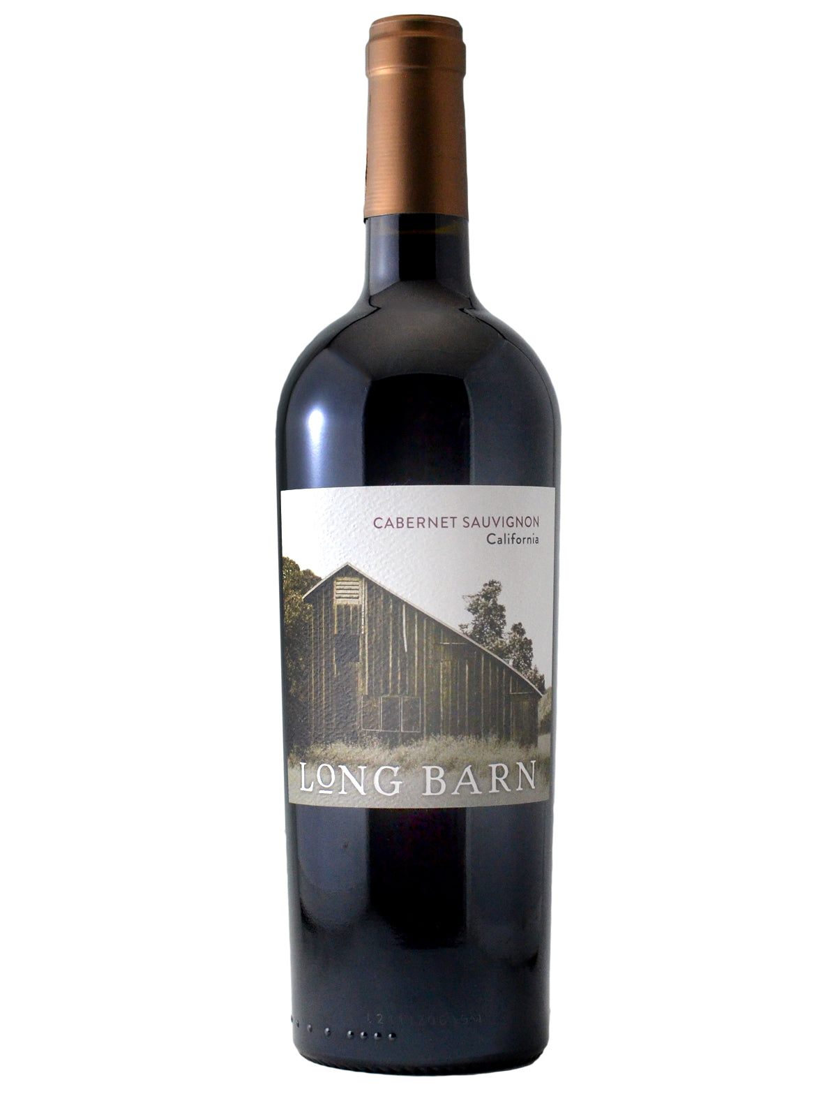 Bottle of Long Barn Cabernet Sauvignon from California with an old-timey photo of a barn on the label. Copper coloured enclosure. All against white background.