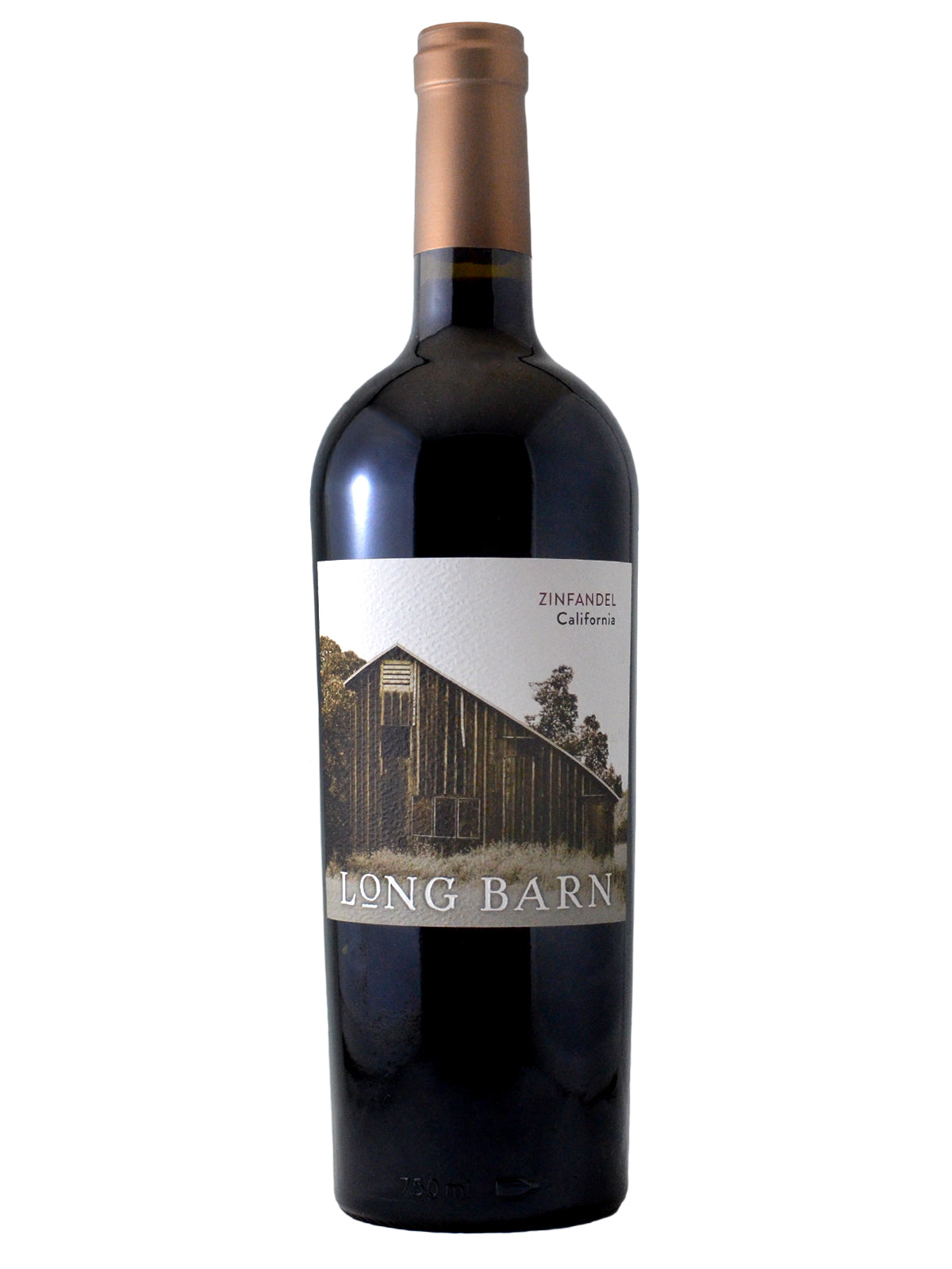 Bottle of Long Barn Zinfandel red wine from California with an old-timey photo of a barn on the label. Copper coloured enclosure. All against white background.