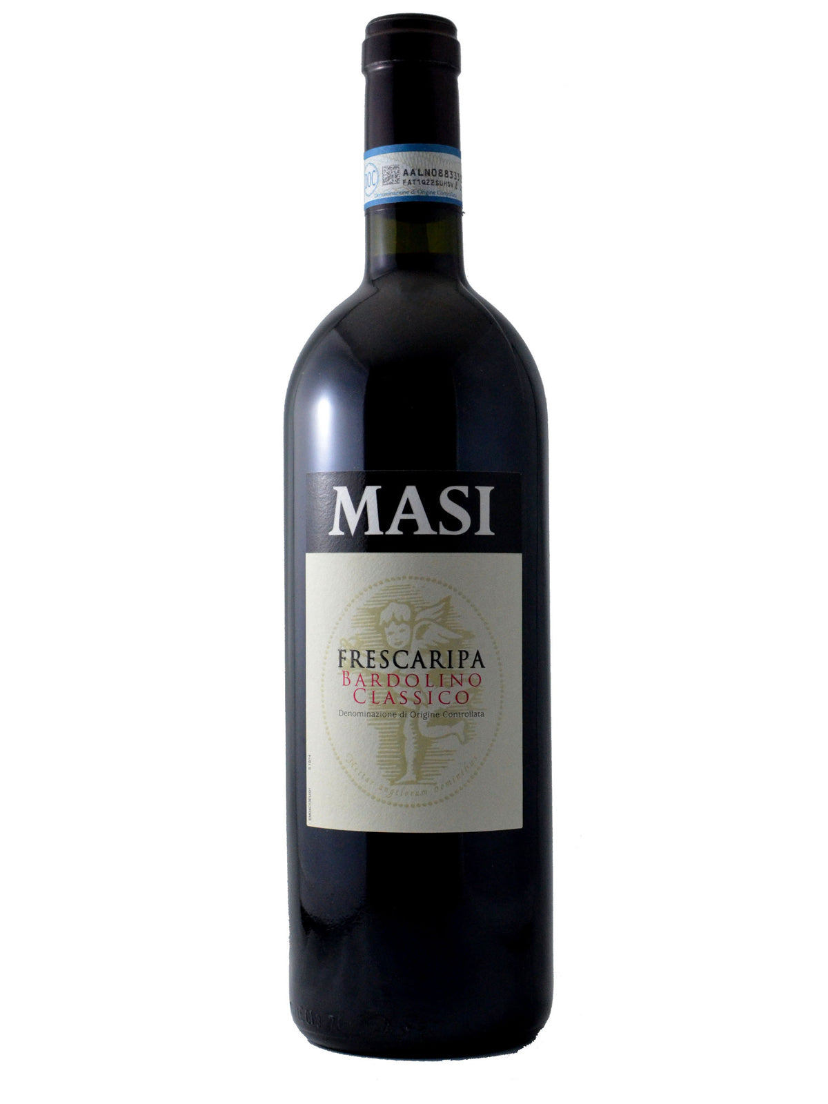 A bottle of Masi Frescaripa Bardolino Classico wine with a dark label and red wine visible inside.