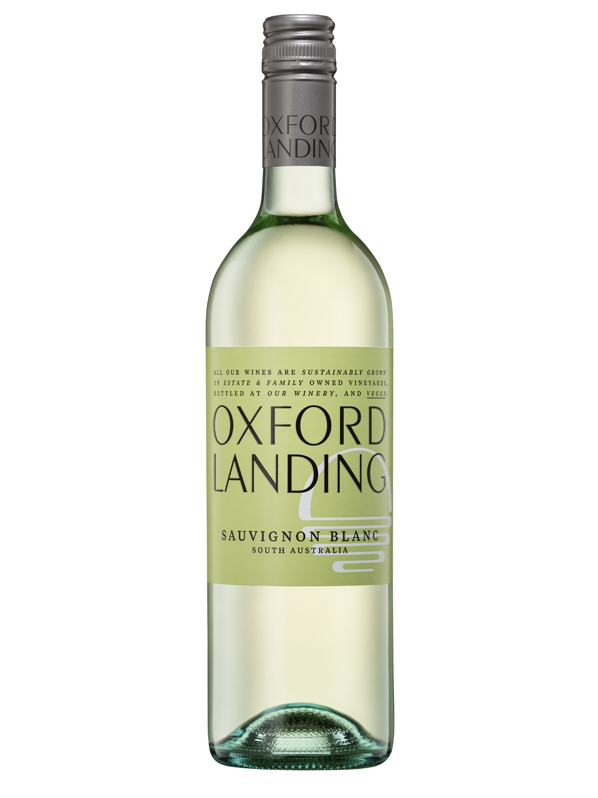Bottle of Oxford Landing Sauvignon Blanc wine with pale green label visible showing brand and variety in simple black text adorned with abstract white line art. Platinum coloured screw cap enclosure. All set against plain white background.