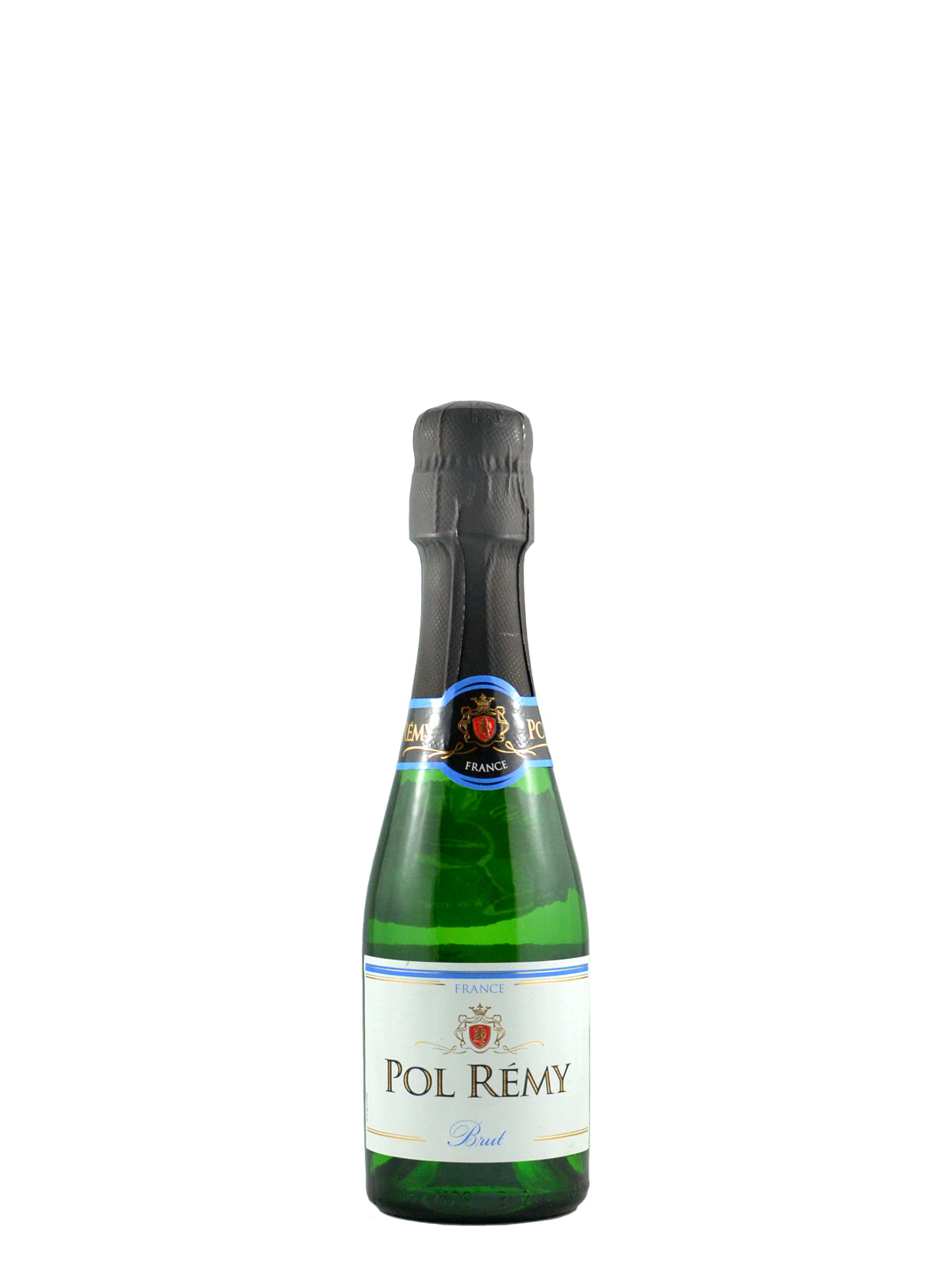 A bottle of Pol Remy Brut sparkling white wine with gold text on a white label and a black enclosure, set against a plain background.