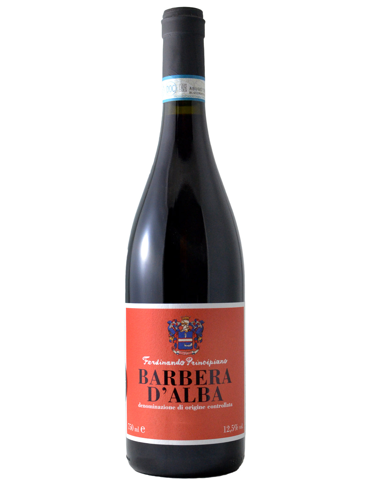 A bottle of Ferdinando Principiano Barbera d'Alba wine with a red label that includes the wine variety and the name of the winery in black and and white text and a coat-of-arms at the top. Enclosure is black and a paper DOC label surrounds the neck. All set against white background.