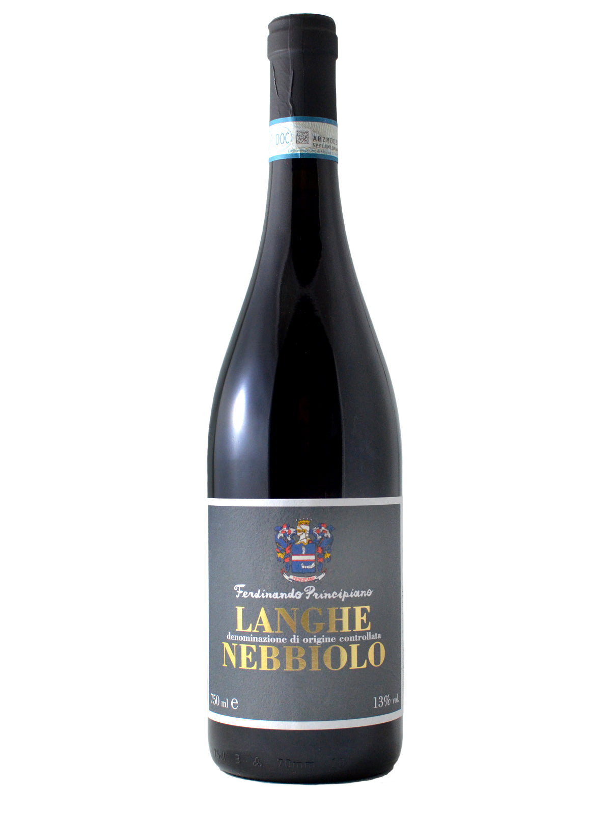 A bottle of Ferdinando Principiano Langhe Nebbiolo wine with a grey label displaying the brand and variety and a coat of arms above the text. Black capsule with white paper DOC label surrounding the neck. All against white background.