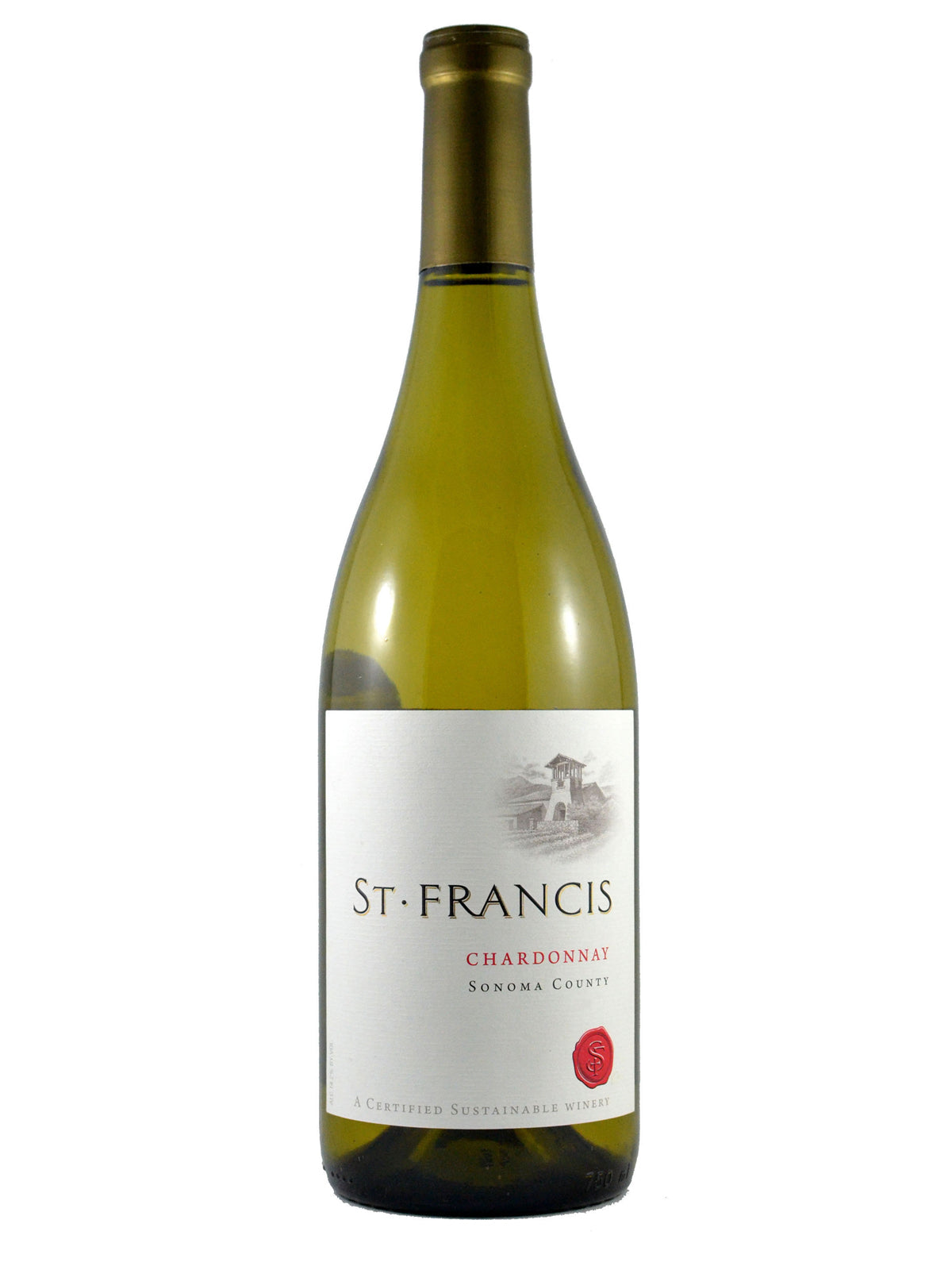 White wine bottle (green glass). St. Francis Chardonnay, Sonoma County, USA. Green-gold enclosure. Simple white label with grey pencil drawing of estate, black and red text. SF "wax seal" depicted in bottom right.
