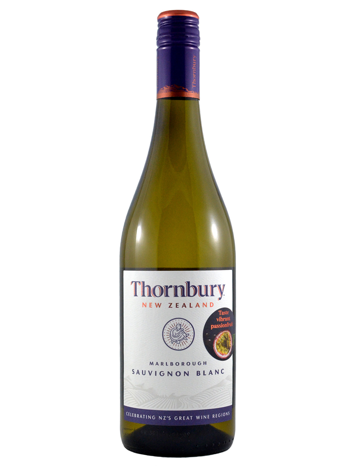 Bottle of Thornbury Sauvignon Blanc white wine with purple and pink screw cap enclosure, and a white label with the wine info in simple purple and pink text. All set against plain white background.