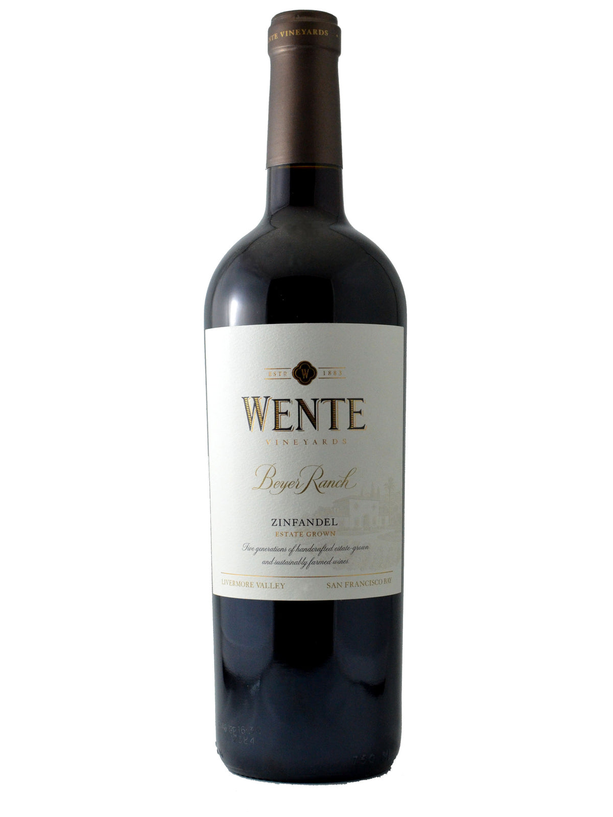 A bottle of Wente Beyer Ranch Zinfandel wine with a white label that reads Wente Vineyards Beyer Ranch Zinfandel Estate Grown