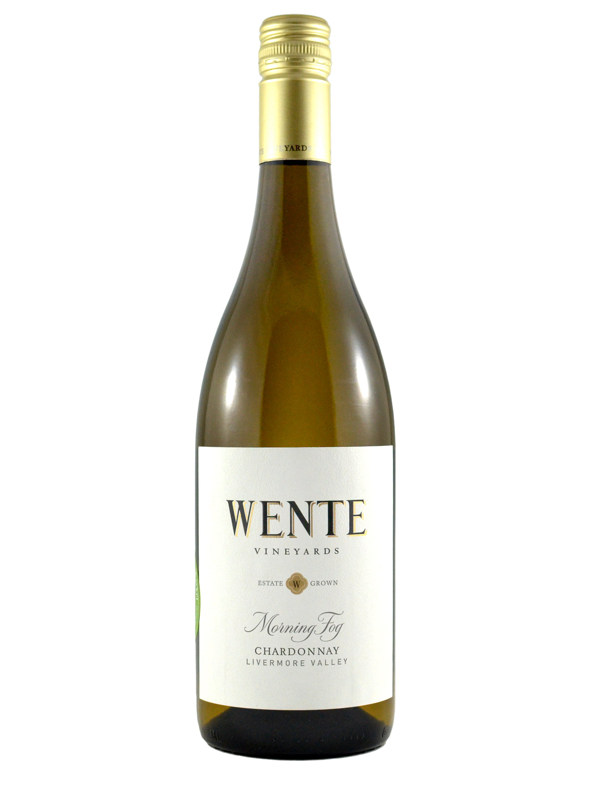 A bottle of Wente Morning Fog Chardonnay with a white label and gold foil top on a plain background.