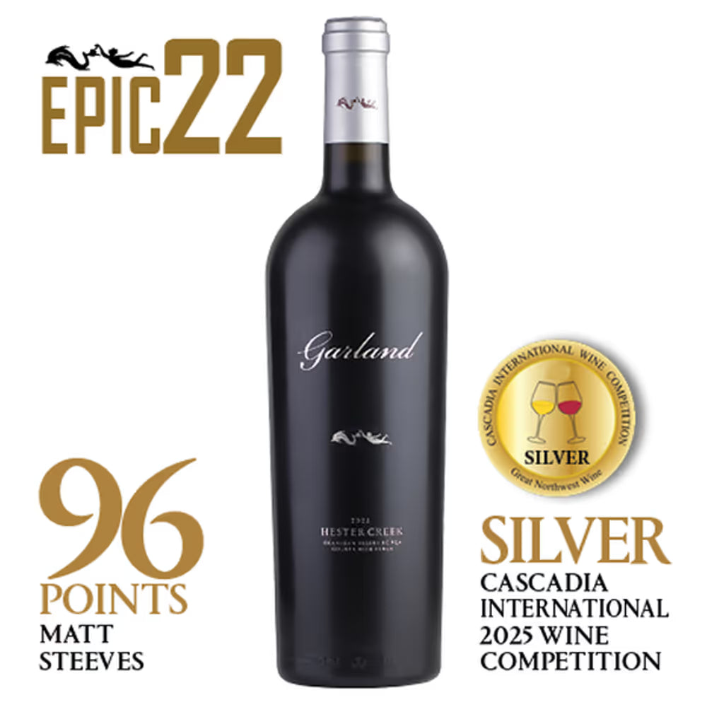Hester Creek Garland wine bottle - black label/silver text with silver enclosure. Text on image includes 'Epic22, 96 Points Matt Steeves and Silver Cascadia International 2025 Wine Competition' with a gold-coloured "Silver" badge.