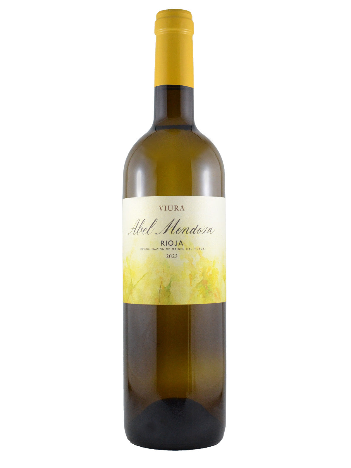A bottle of Abel Mendoza Viura white wine with a yellow label, indicating it is from Rioja, Spain. Vintage 2023. Dark yellow capsule over cork. All set against white background.